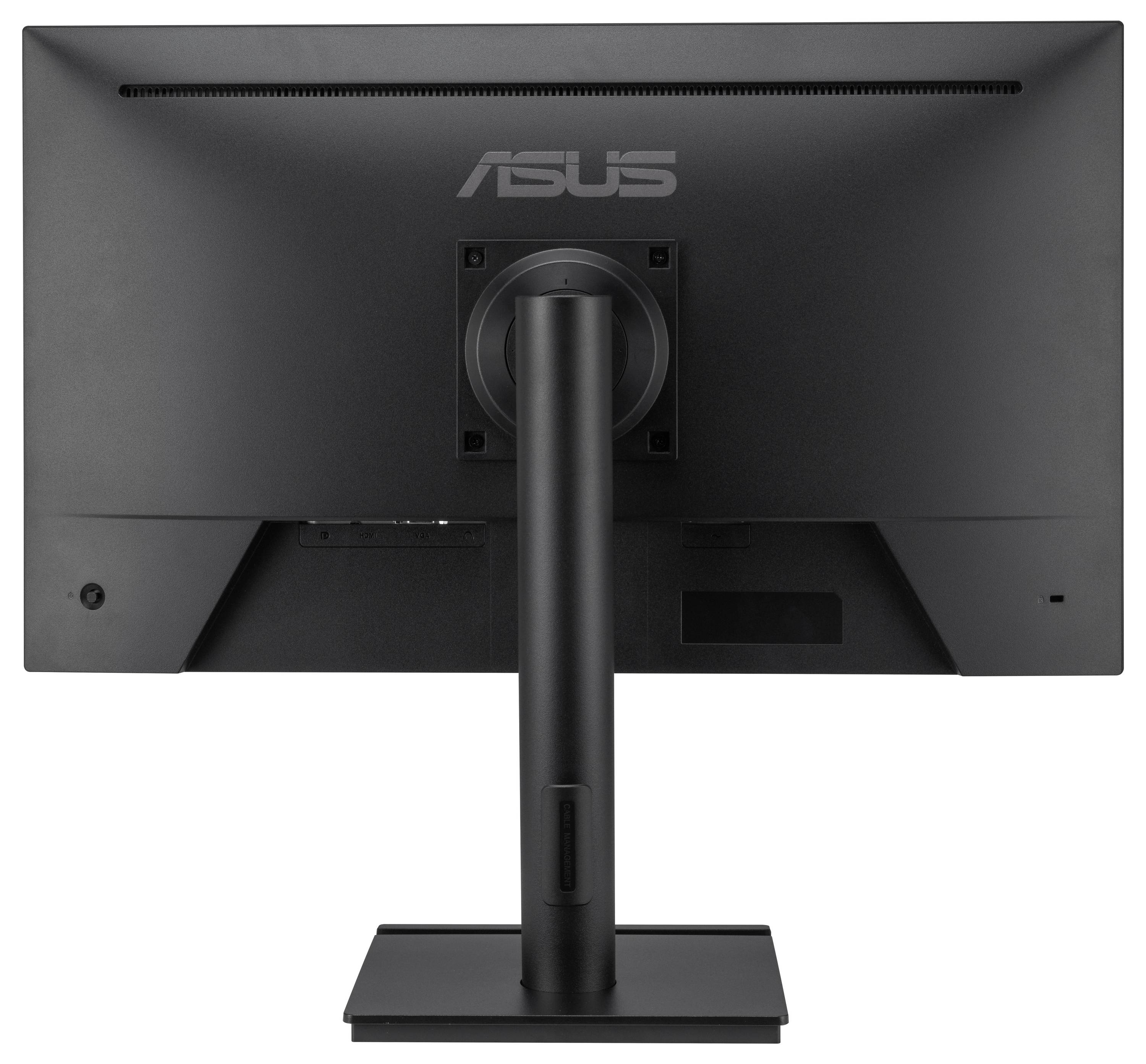 Rückansicht eines schwarzen ASUS-Computermonitors auf einem Ständer, der die zentrale Halterung und Anschlussports zeigt, vor weißem Hintergrund.