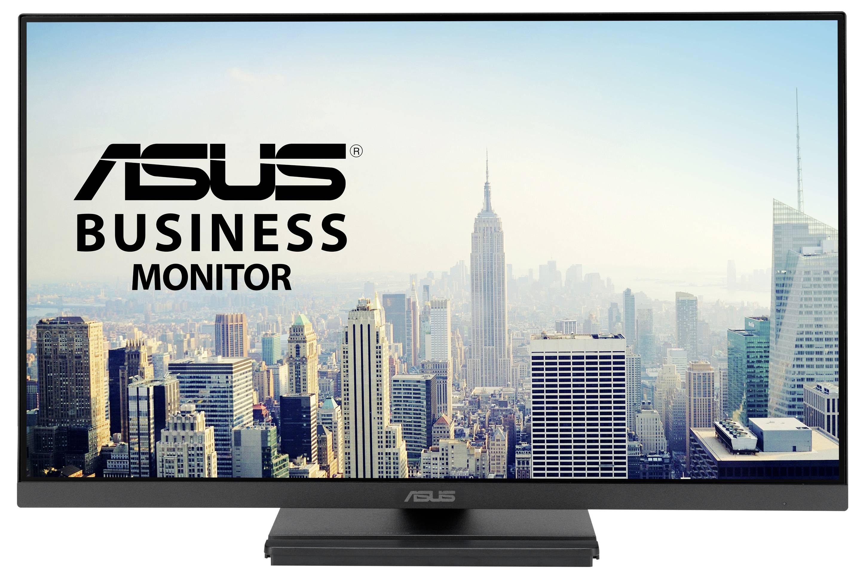 ASUS-Geschäftsmonitor mit der Skyline von New York City im Hintergrund, mit Wolkenkratzern und blauem Himmel.