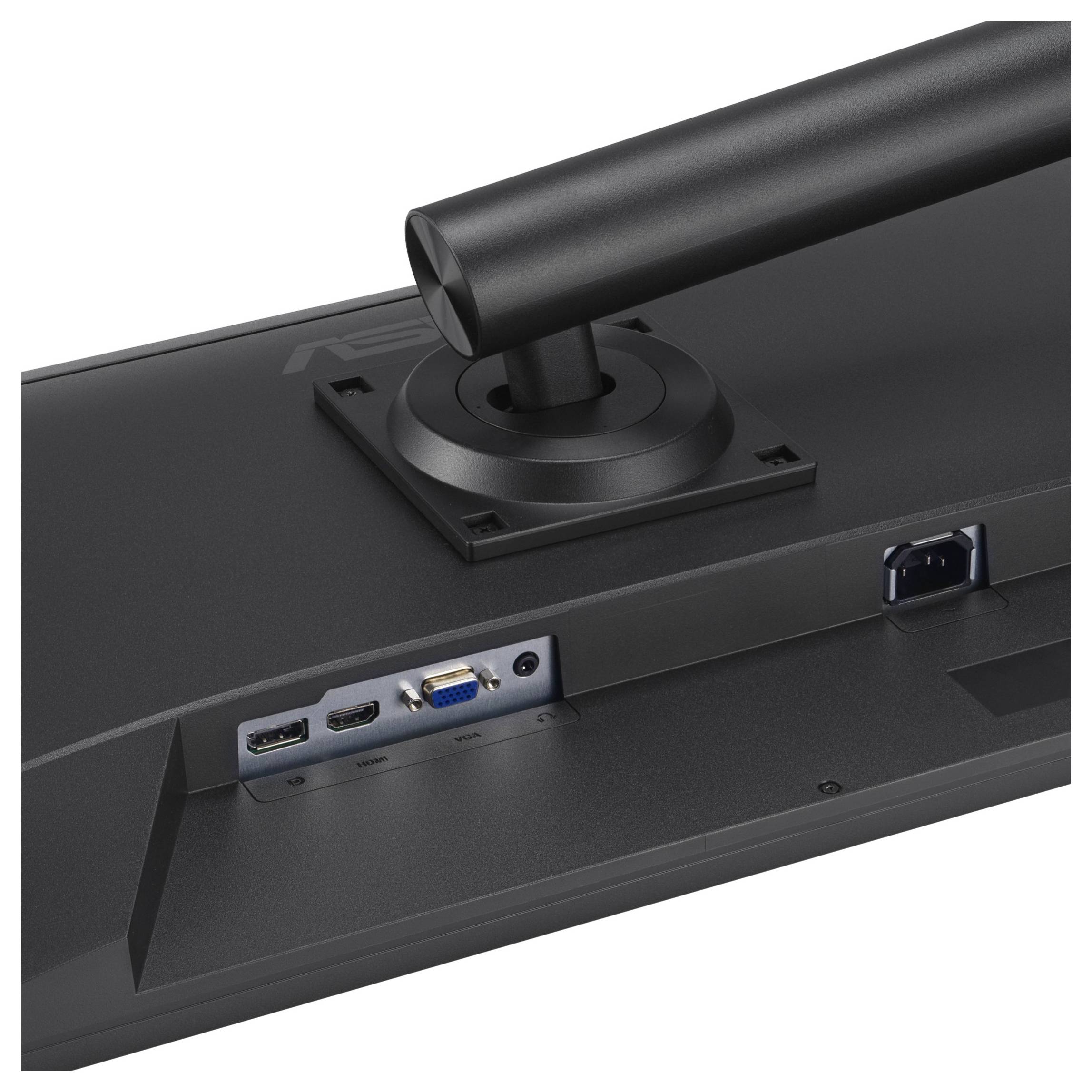 Rückansicht eines Monitors mit Anschlussanschlüssen: HDMI, DisplayPort, VGA und Stromeingang. Der Ständer ist über den Anschlüssen sichtbar.