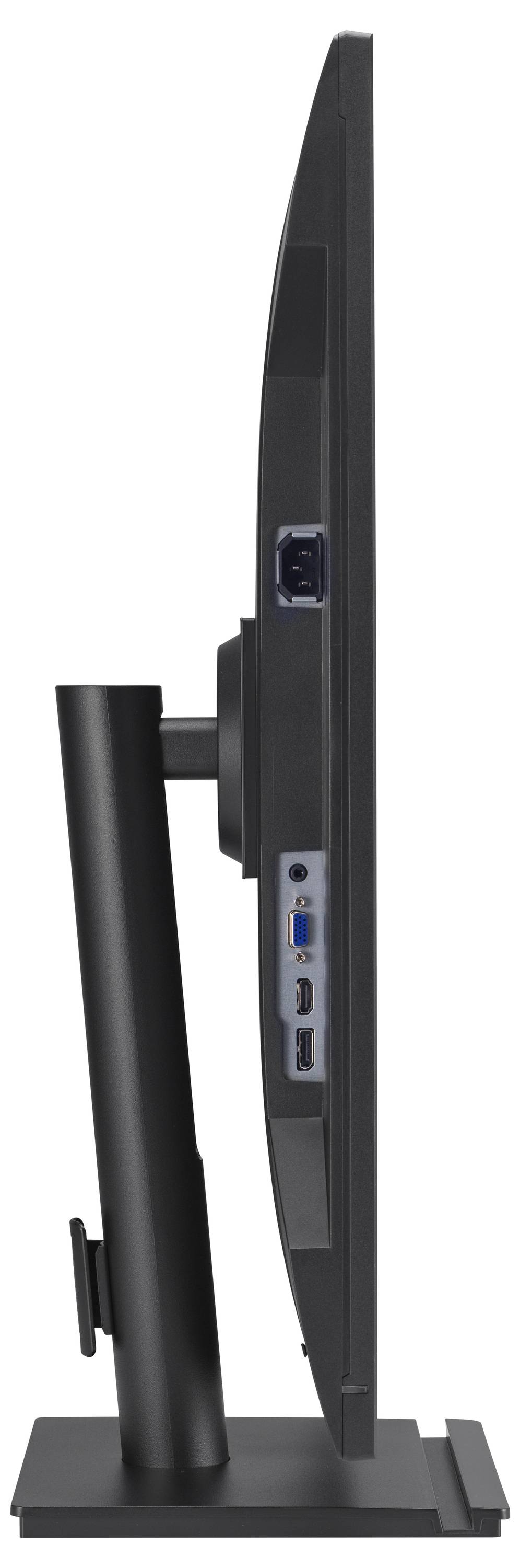 Seitenansicht eines dünnen Computermonitors auf einem Ständer, der Anschlüsse auf der Rückseite zeigt, einschließlich HDMI, USB und einer Stromverbindung.