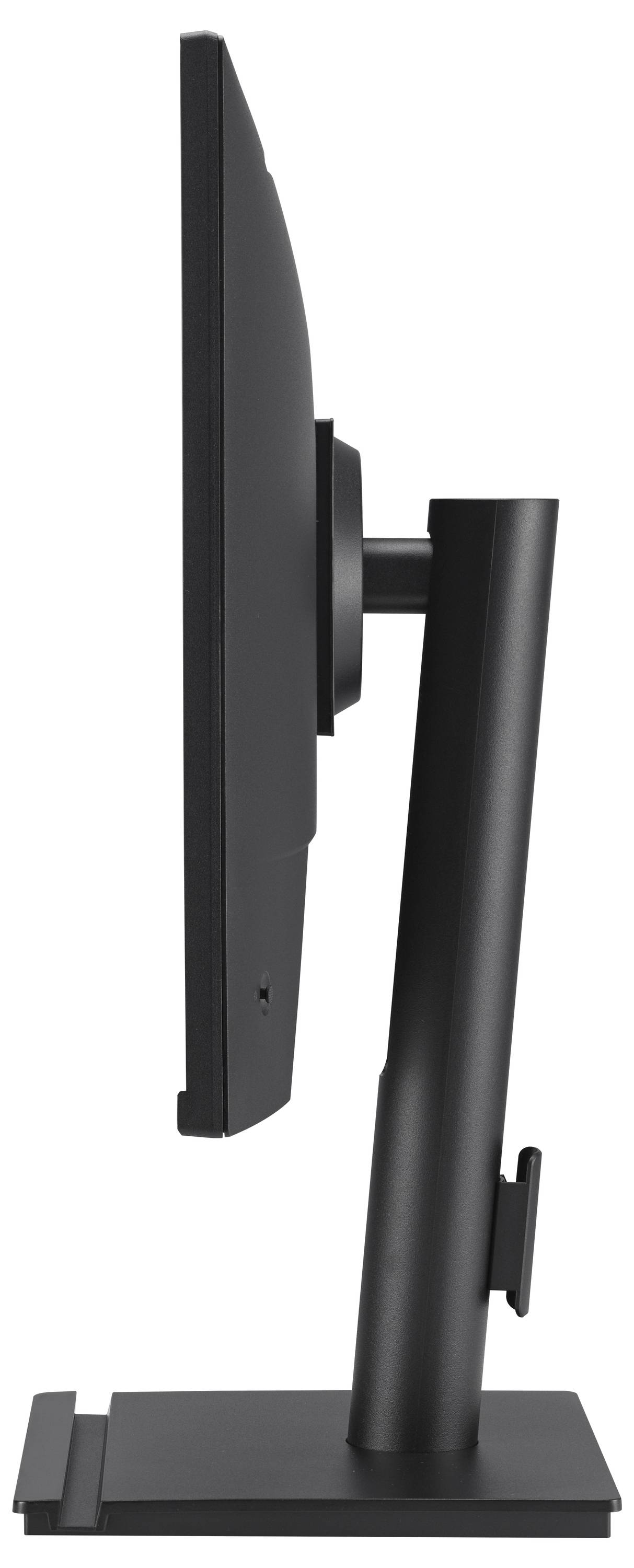 Eine schlanke, angewinkelte Ansicht eines schwarzen Monitors, auf dem eine futuristische rot-weiße Grafik mit einem teilweise sichtbaren Roboter angezeigt wird.