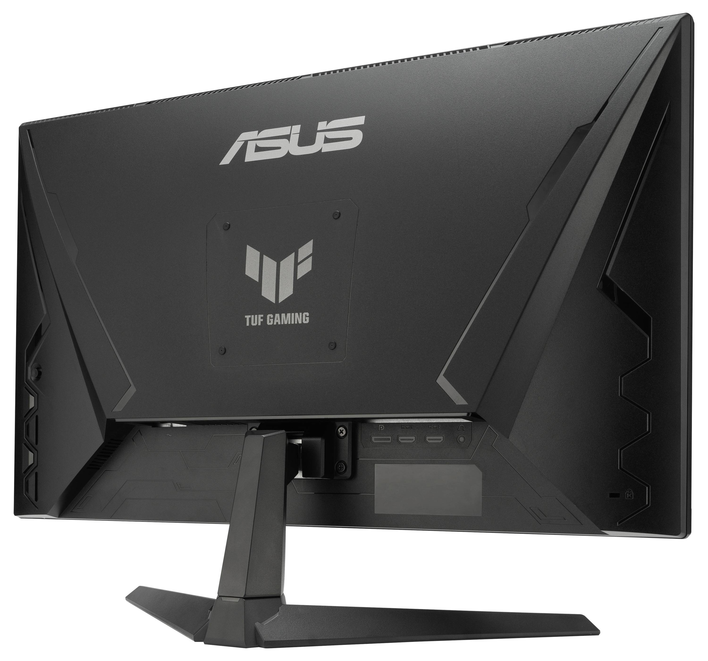 Rückansicht eines Asus TUF Gaming-Monitors, die sein kantiges Design und die VESA-Montageverträglichkeit zeigt.