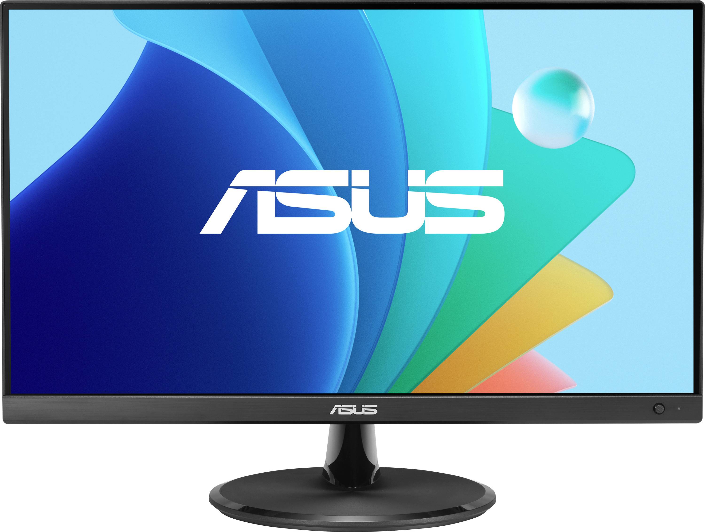 Asus-Monitor, der einen farbenfrohen abstrakten Hintergrund mit dem Asus-Logo in der Mitte anzeigt.