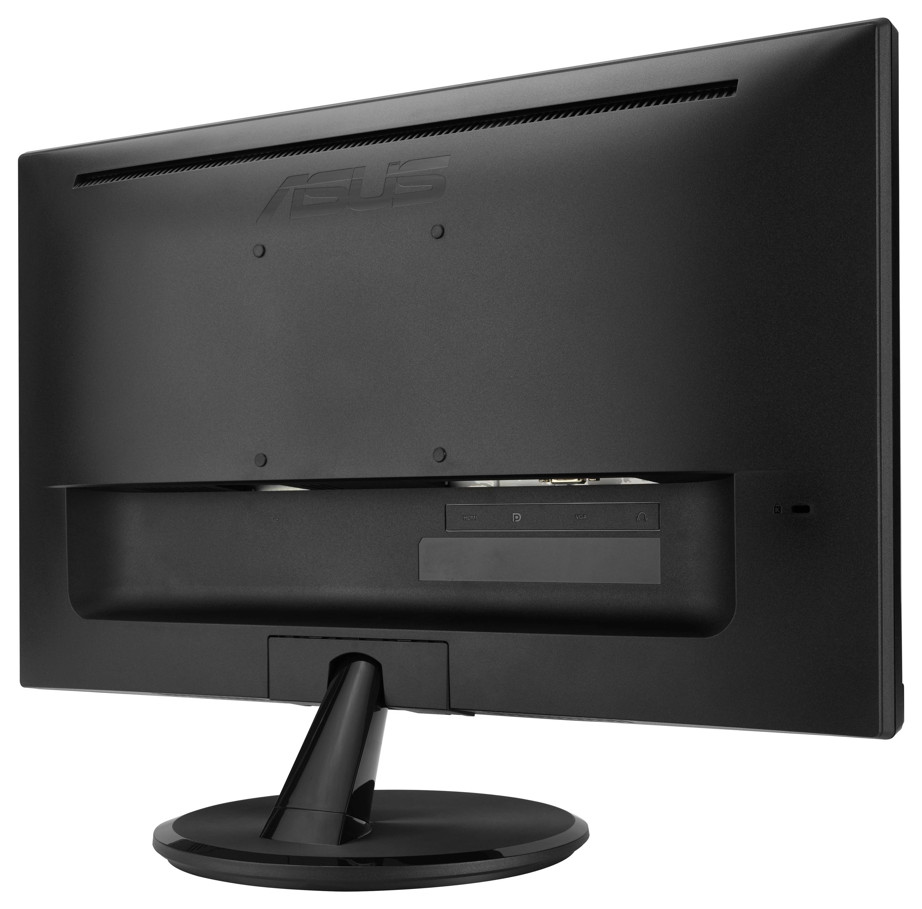 Rückansicht eines schwarzen Computermonitors mit einem runden Sockelsockel, der ein schlankes Design und minimale Branding zeigt.