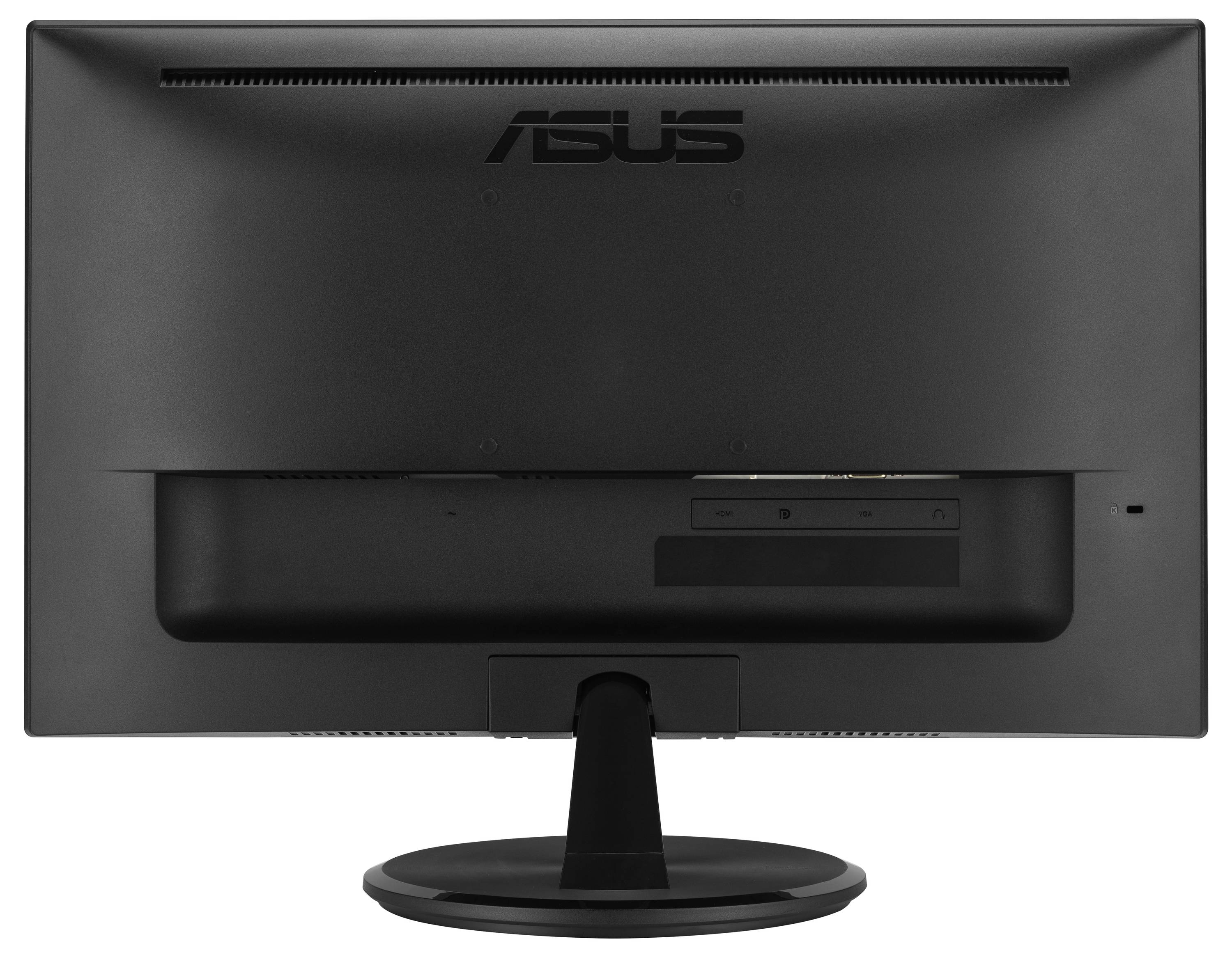 Ein schwarzer Asus-Monitor wird von hinten gezeigt und zeigt das Markenlogo. Das Design ist elegant mit einem stabilen Ständer.