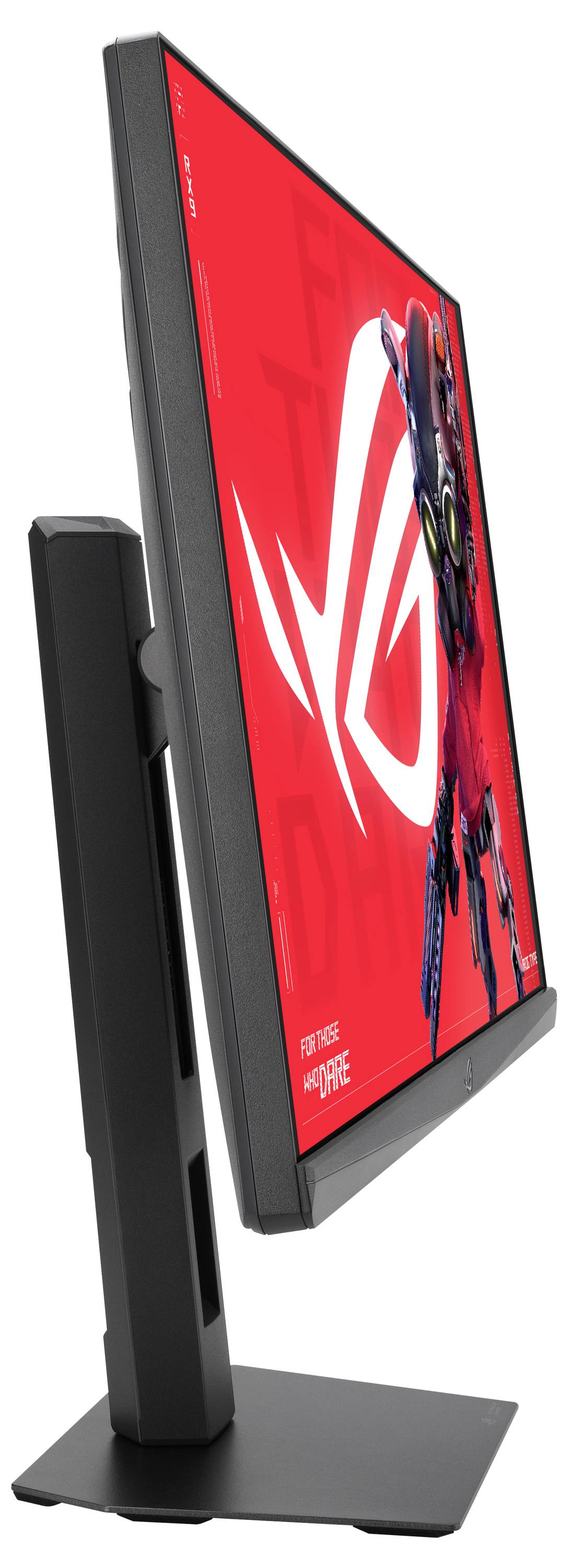 Eine schlanke, seitliche Ansicht eines modernen Computermonitors auf einem eleganten Ständer, die sein dünnes Profil und minimalistisches Design zeigt.