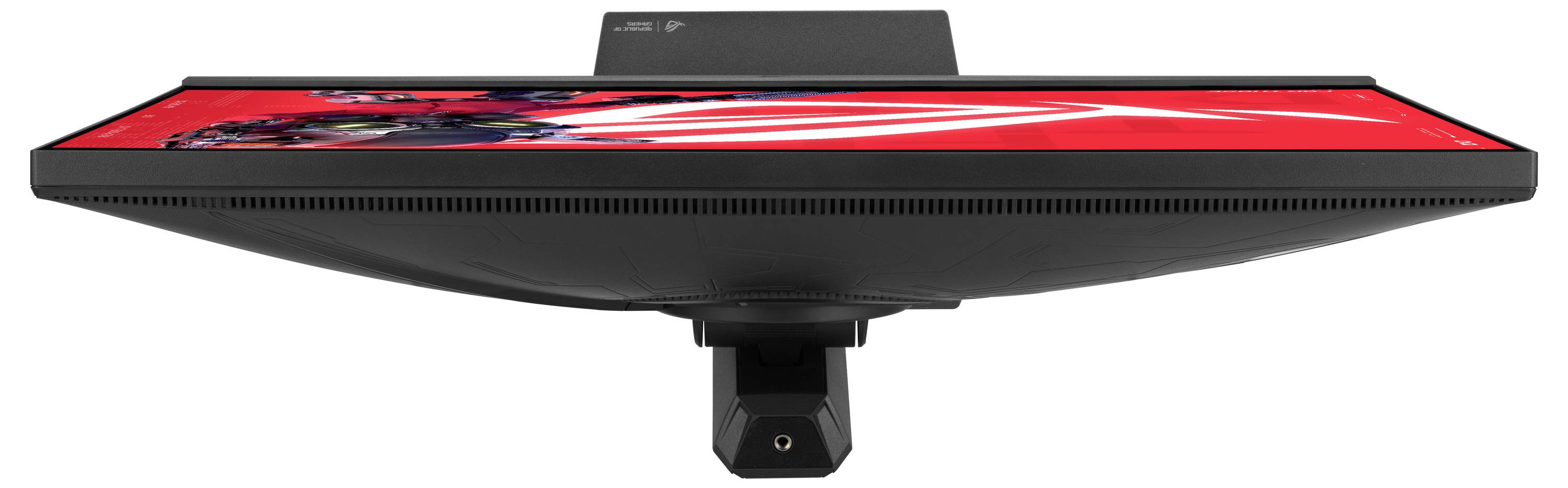 Ein schwarzer Monitor von der Seite betrachtet, der ein rotes Bild mit dynamischen Grafiken anzeigt.