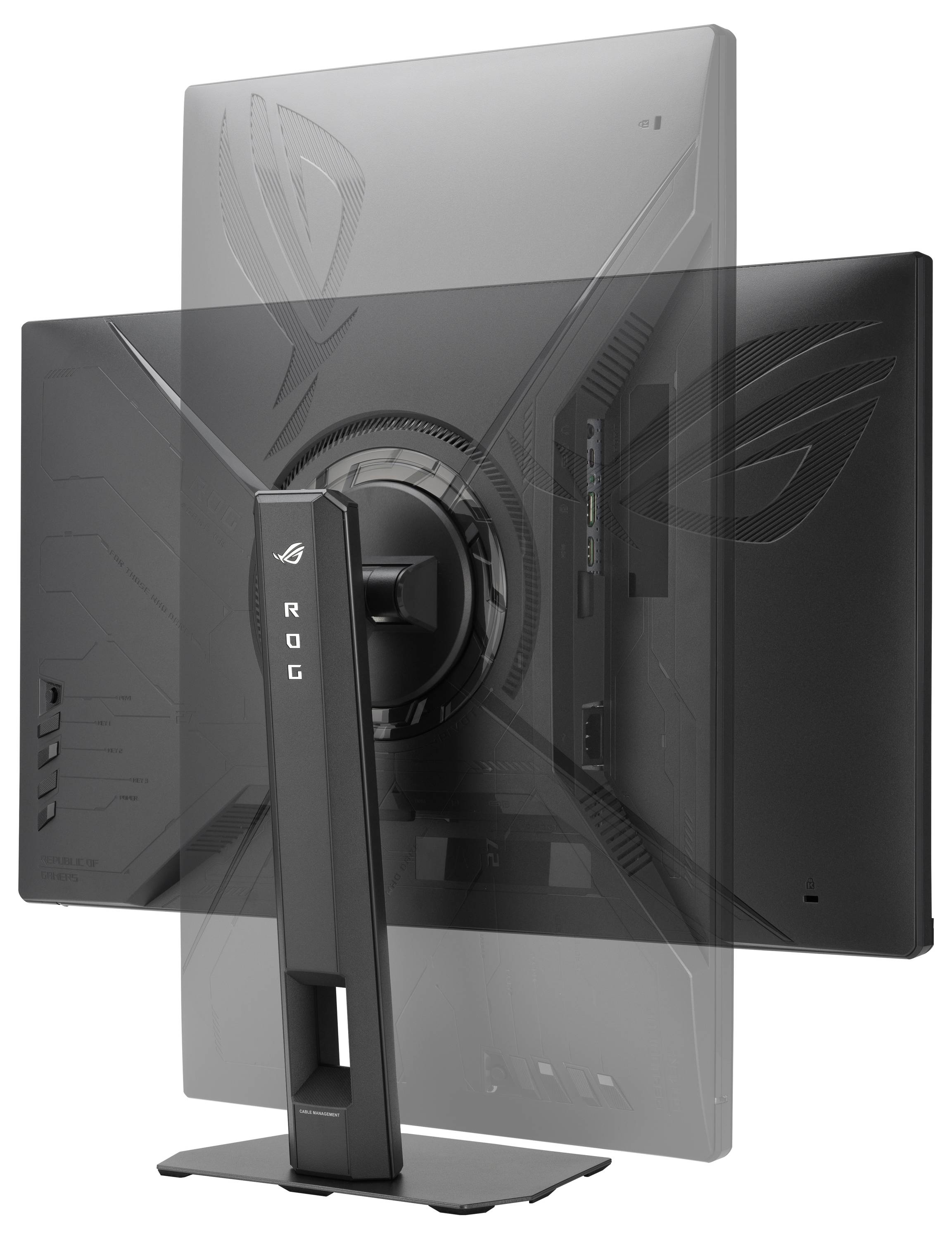 Ein schlanker schwarzer Gaming-Monitor von hinten fotografiert, der einen charakteristischen Ständer mit 