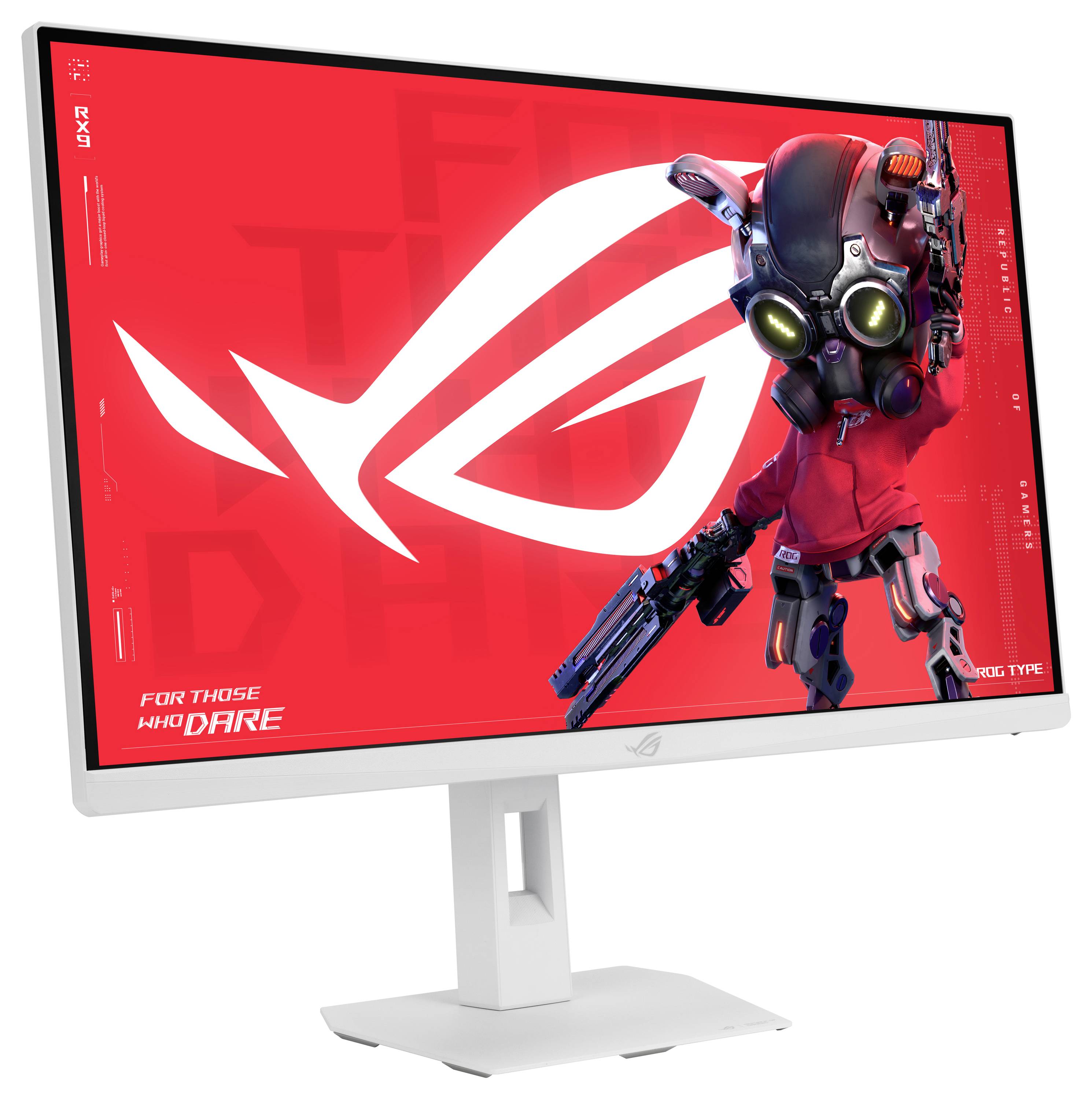 Ein schwarzer Asus-Gaming-Monitor von hinten betrachtet, mit einem großen Stand mit kantigem Design und dem sichtbaren Asus-Logo oben.