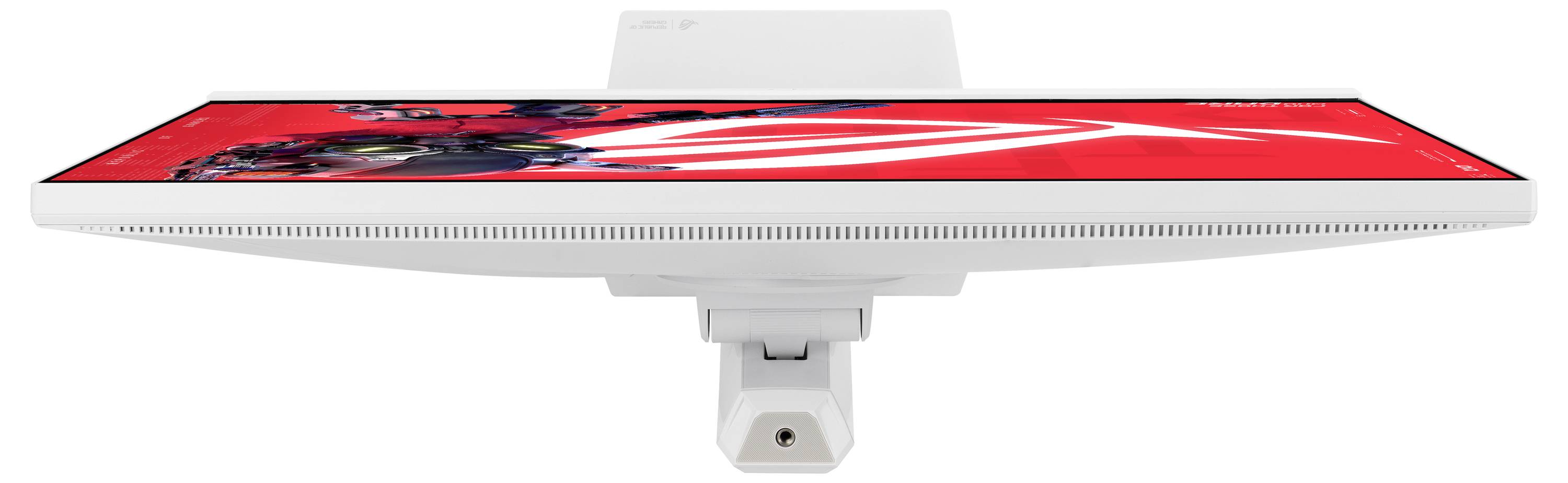 Ein weißer Computermonitor von oben betrachtet, der ein Bild mit roten und schwarzen Farben auf dem Bildschirm anzeigt.