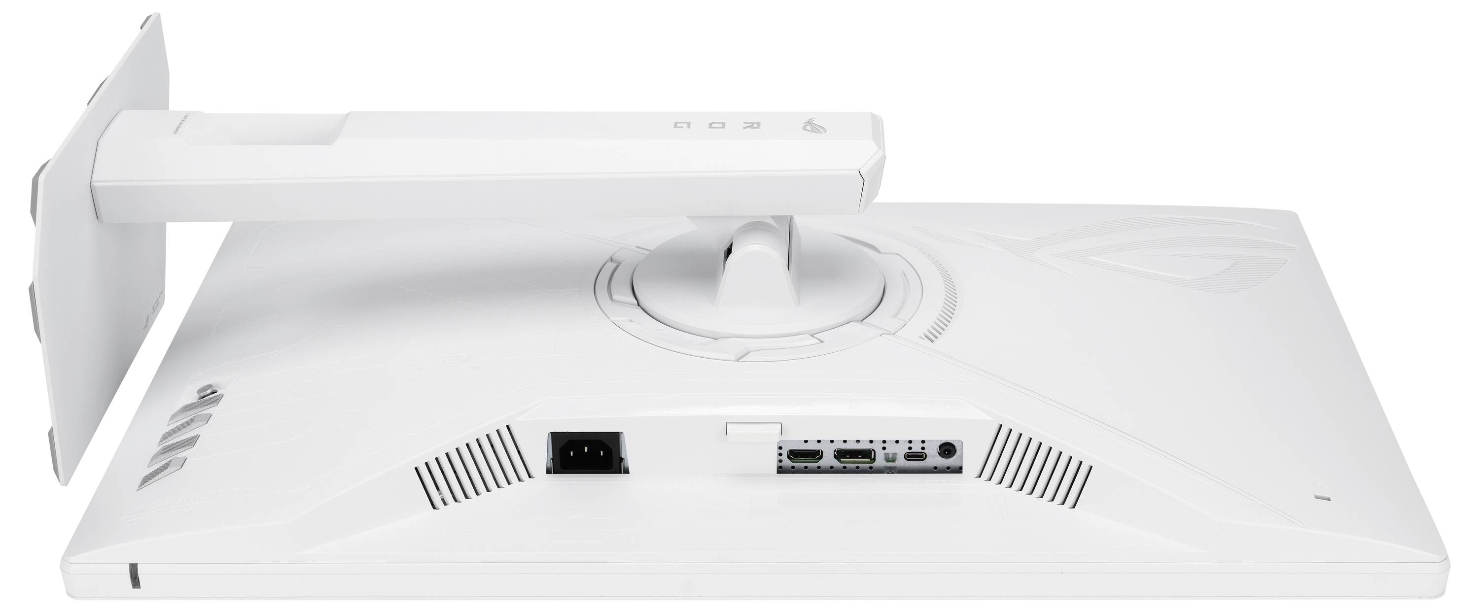 Seitenansicht eines weißen Computermonitors auf einem Ständer, der verstellbare Neigungspositionen zeigt.