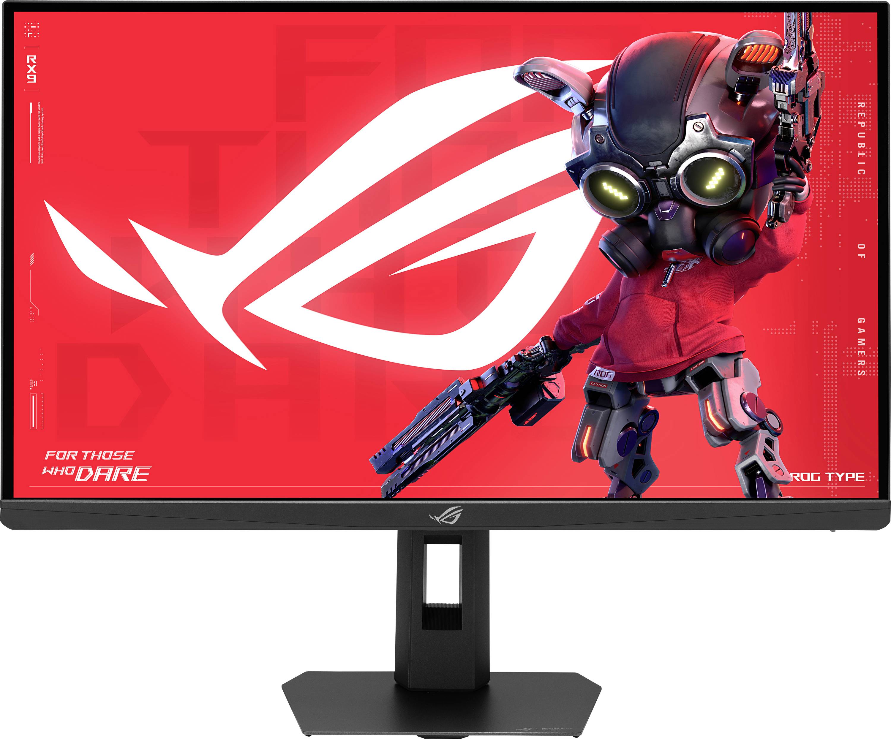 Ein Gaming-Monitor zeigt einen roten Bildschirm mit einer Roboterfigur, die eine Waffe hält. Das 