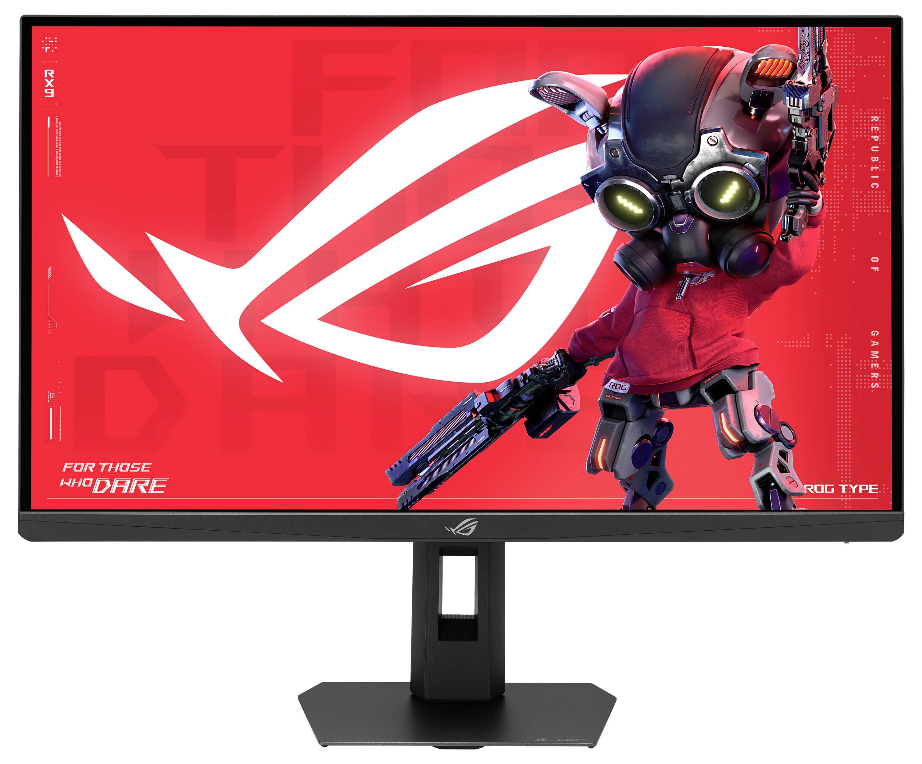 ASUS ROG-Monitor, der einen roten Hintergrund mit dem ROG-Logo und einer futuristischen Roboterfigur anzeigt, die einen Helm trägt und eine Waffe hält.