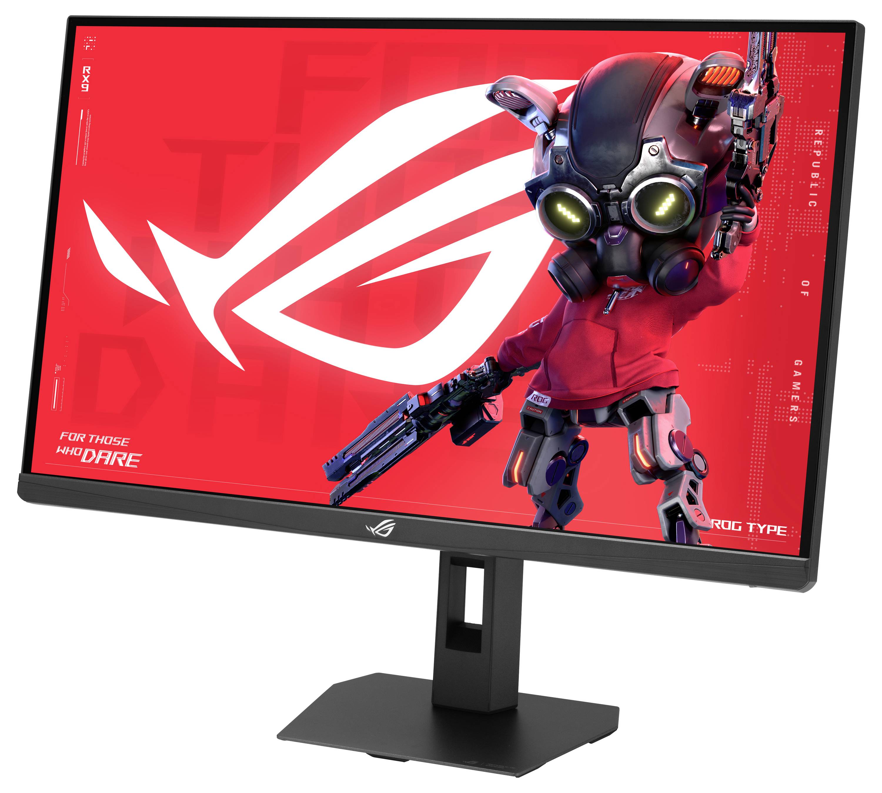 Ein Monitor, auf dem eine lebendige rosa- und blaue kosmische Wirbelei mit einem stilisierten Logo in der Mitte und 