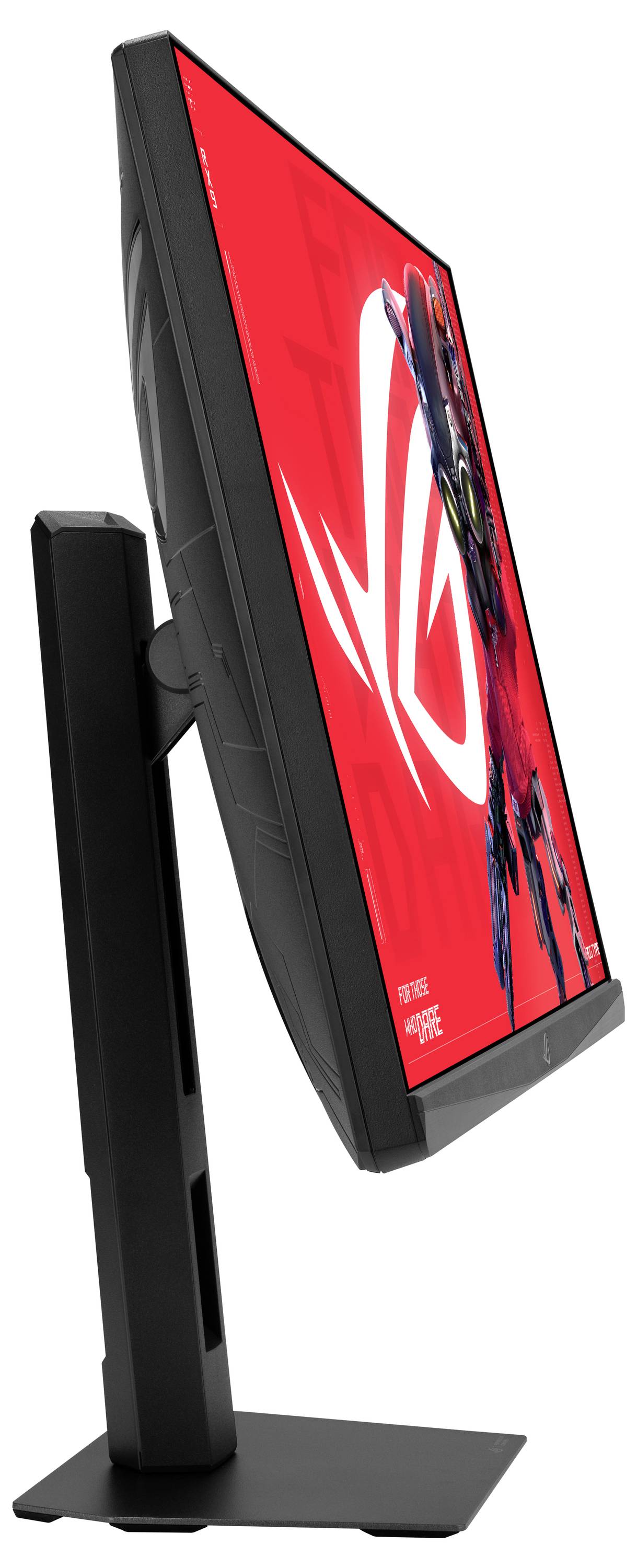 Seitenansicht eines schlanken schwarzen Gaming-Monitors auf einem Ständer, der ein lebendiges rotes Hintergrundbild mit kühnen Grafiken anzeigt.