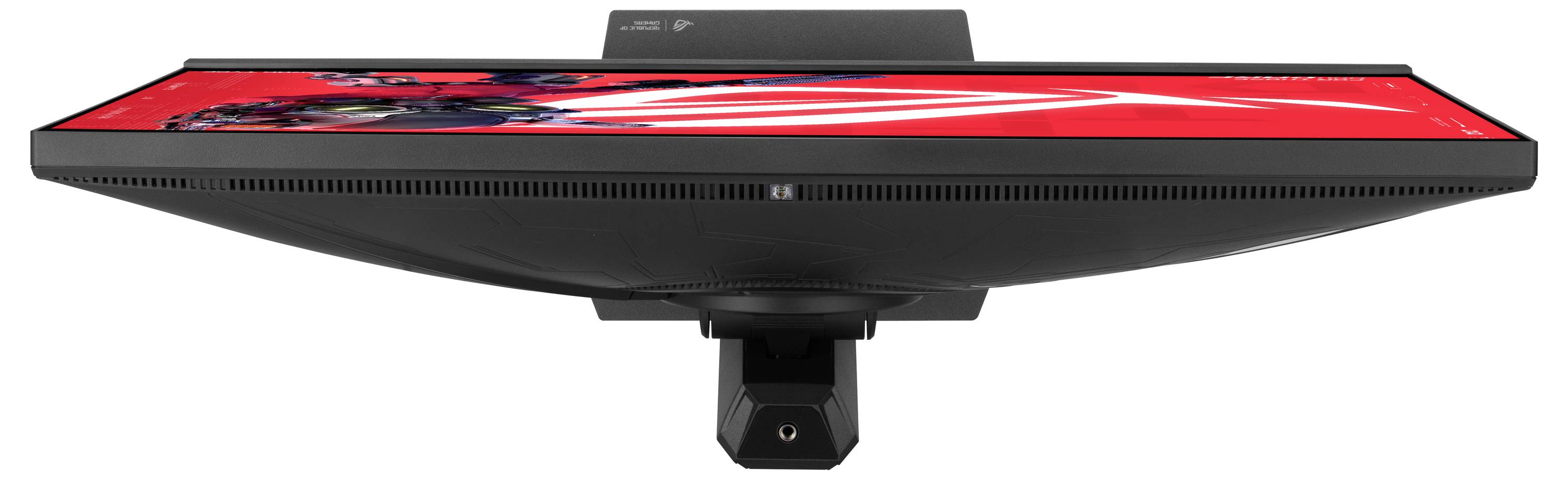 Ein Flachbildschirm-Monitor von oben betrachtet, der ein lebendiges rotes Bild mit abstrakten Grafiken anzeigt. Der Monitor hat ein schlankes Rahmendesign.