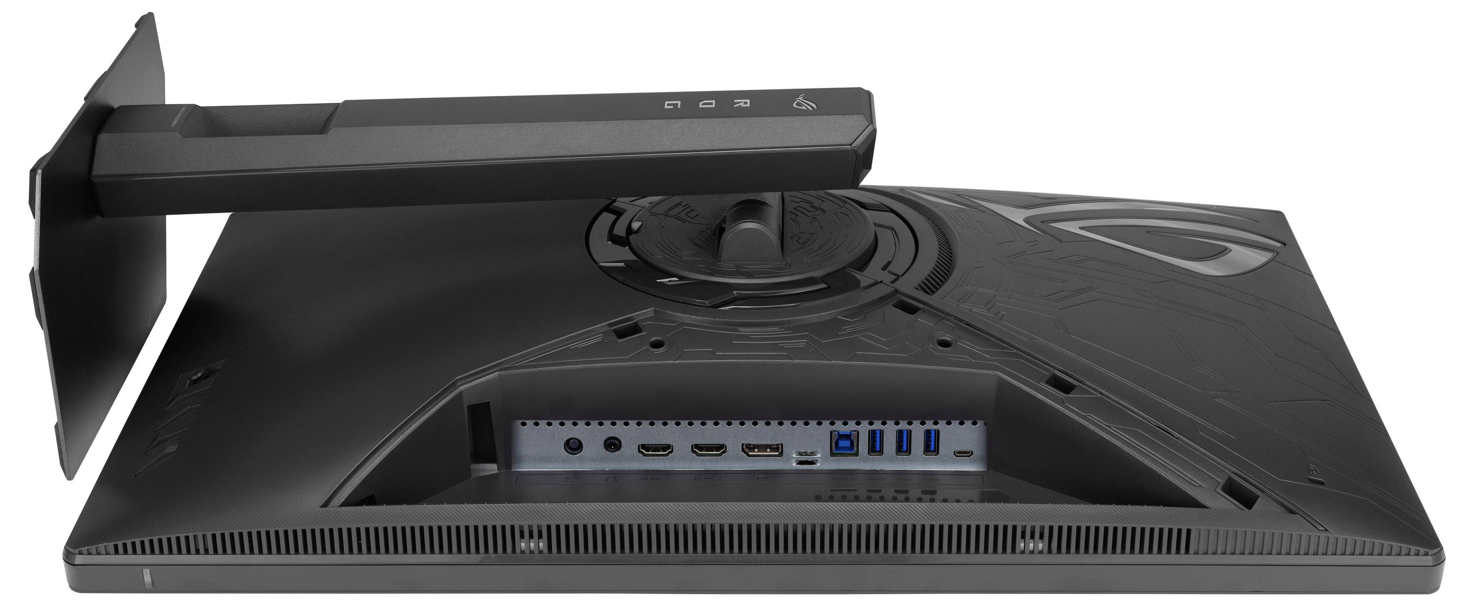 Rückansicht eines Computermonitors mit Anschlüssen, einschließlich HDMI, DisplayPort, USB und Stromeingang, mit einem verstellbaren Ständer.