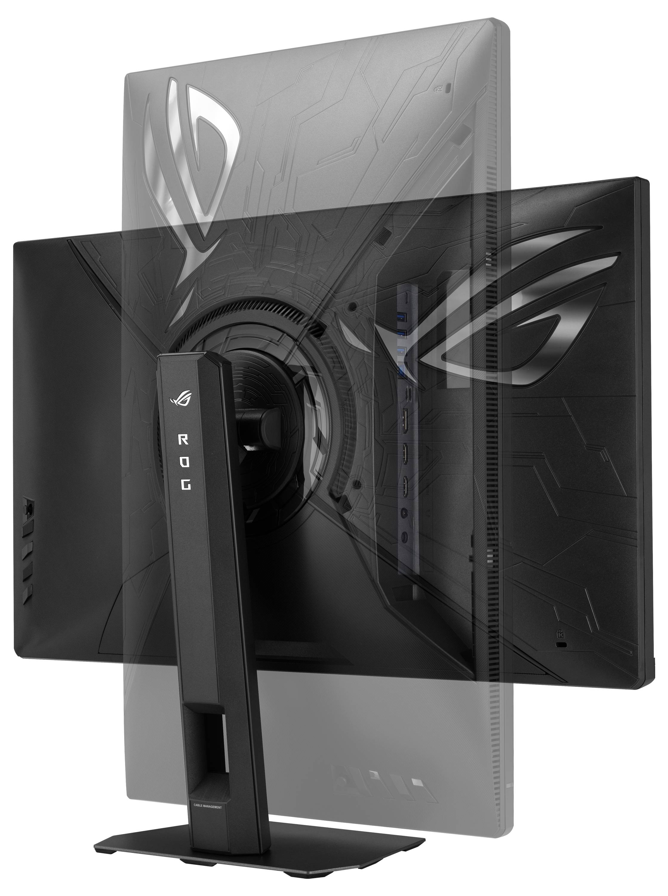 Das Bild zeigt die Rückseite eines schwarzen Gaming-Monitors mit ROG-Branding, mit einem eleganten Ständer und stilisiertem Logo-Design.