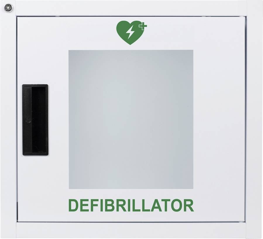Defibrillatorschrank mit Glaspanel, grünem Herz und Blitzsymbol. Das Wort Defibrillator ist unter dem Panel geschrieben.