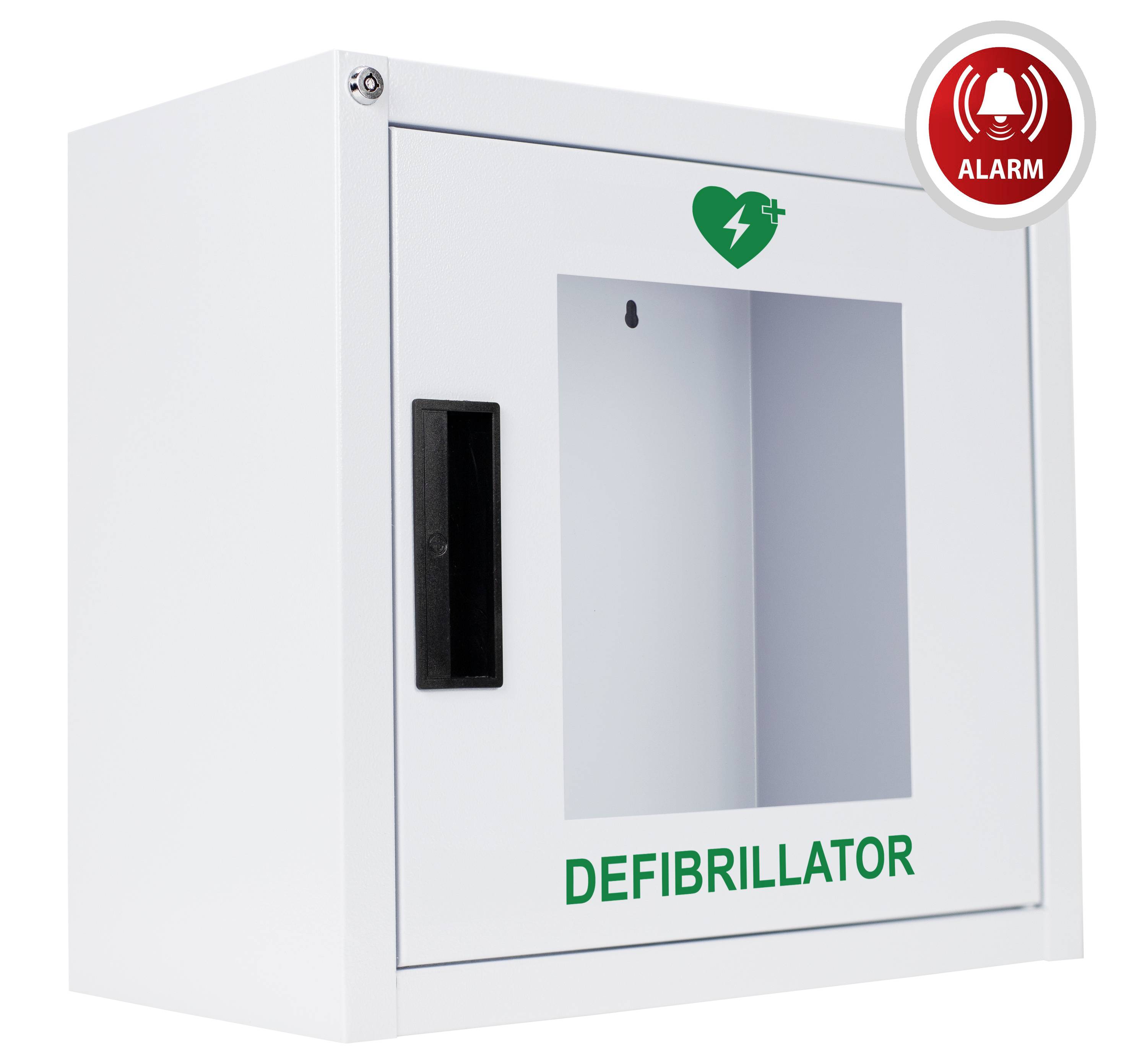 Defibrillator-Wandschrank mit Alarmindikator, ausgestattet mit einer transparenten Tür und einem grünen Herz- und Blitzsymbol.