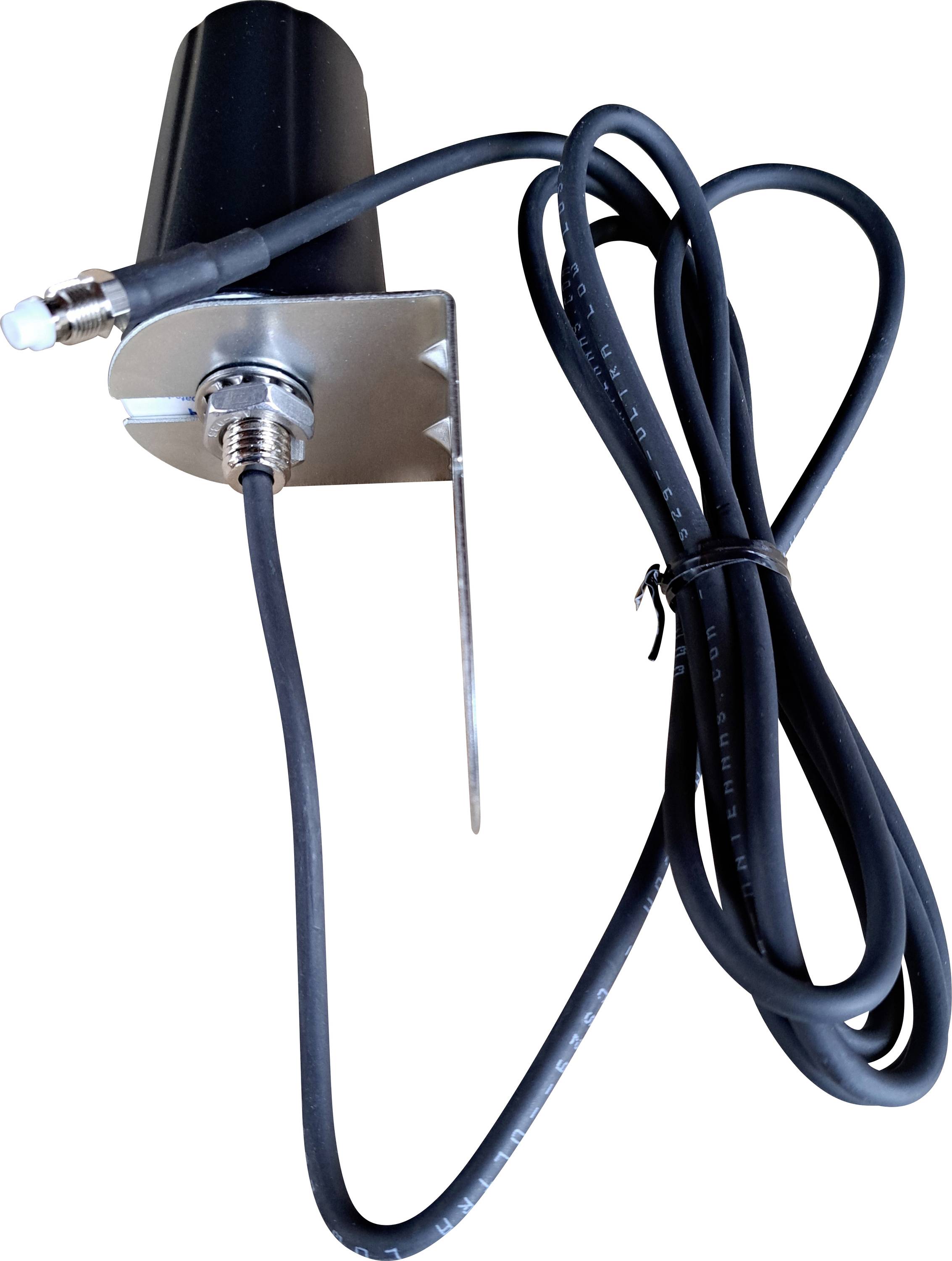 A cylindrical black device with a mounted bracket and attached cable, used for electronics or communications, isolated on a white background.