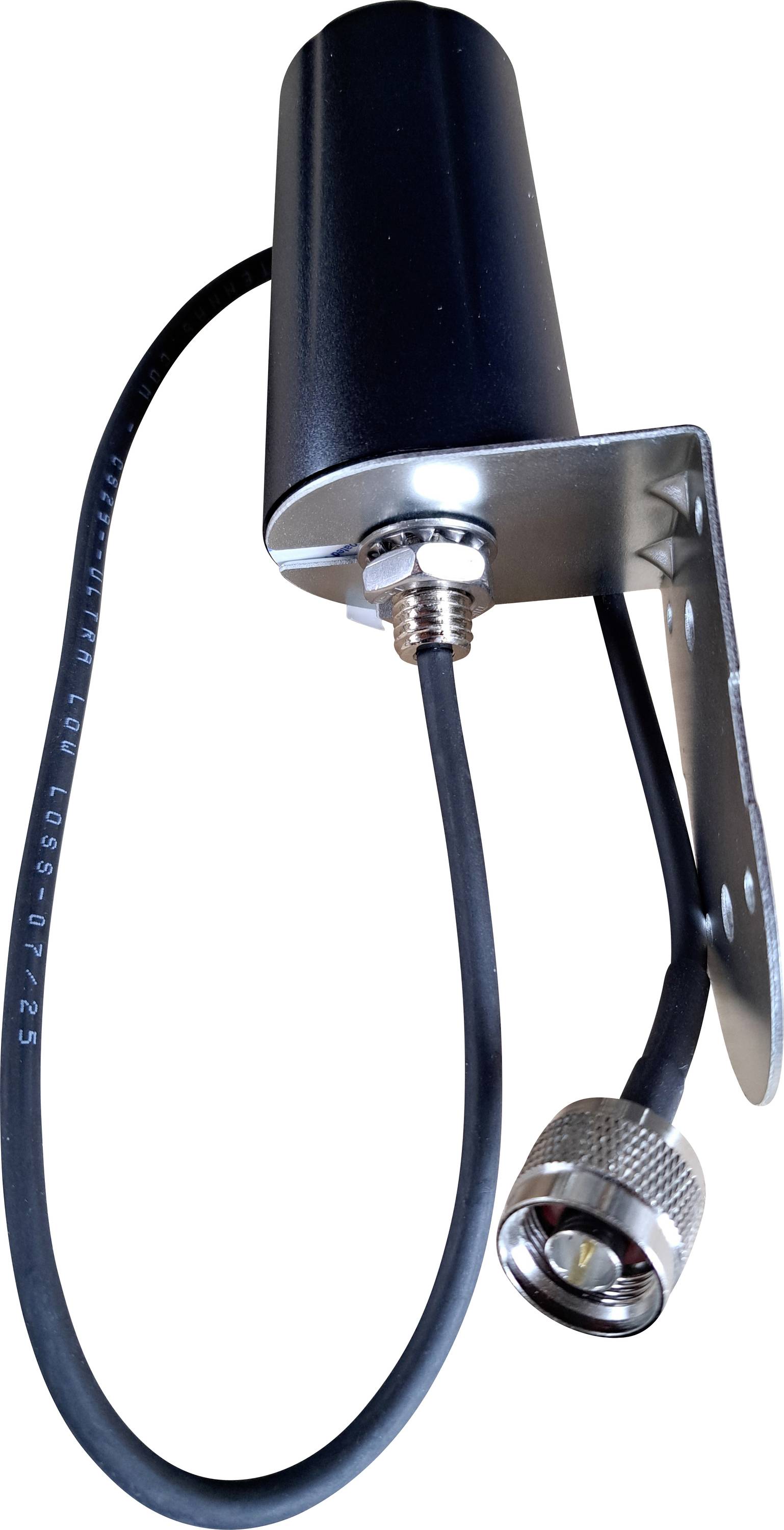 A small black antenna with a cable and connector, mounted on a metal bracket.
