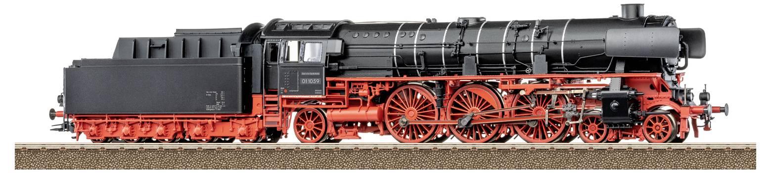 Ein detailliertes Modell einer schwarz-roten Dampflokomotive, das komplexe Räder und Mechanismen zeigt, auf einem Gleis ausgestellt.