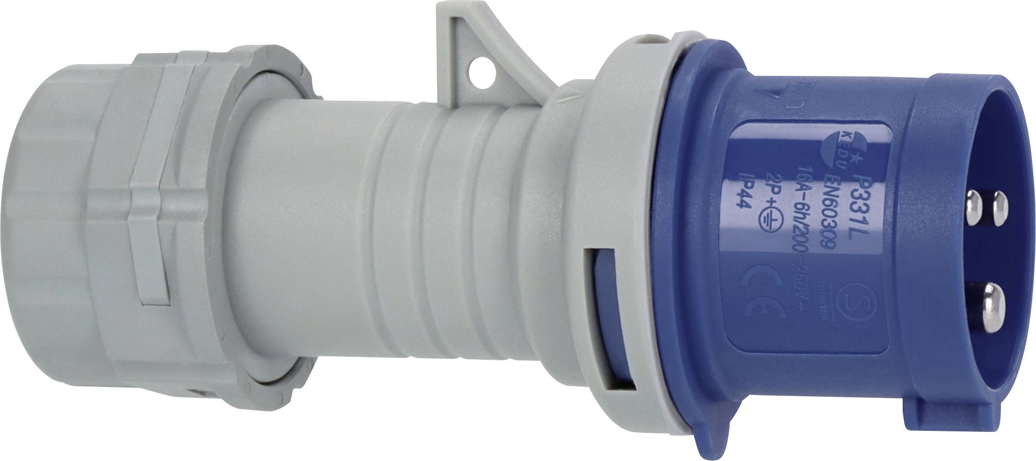 Blauer und grauer industrieller Stromstecker mit drei Metallkontakten, seitliche Ansicht auf weißem Hintergrund.