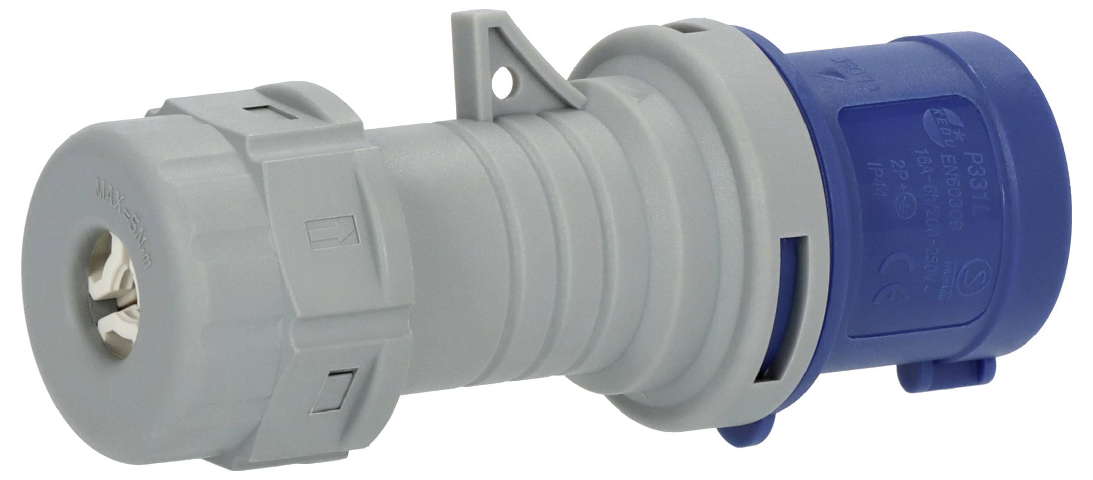 Ein blauer und grauer industrieller Stromstecker mit gerilltem Gehäuse und einer Schlaufe zum Aufhängen, typischerweise für hochleistungsfähige elektrische Verbindungen verwendet.