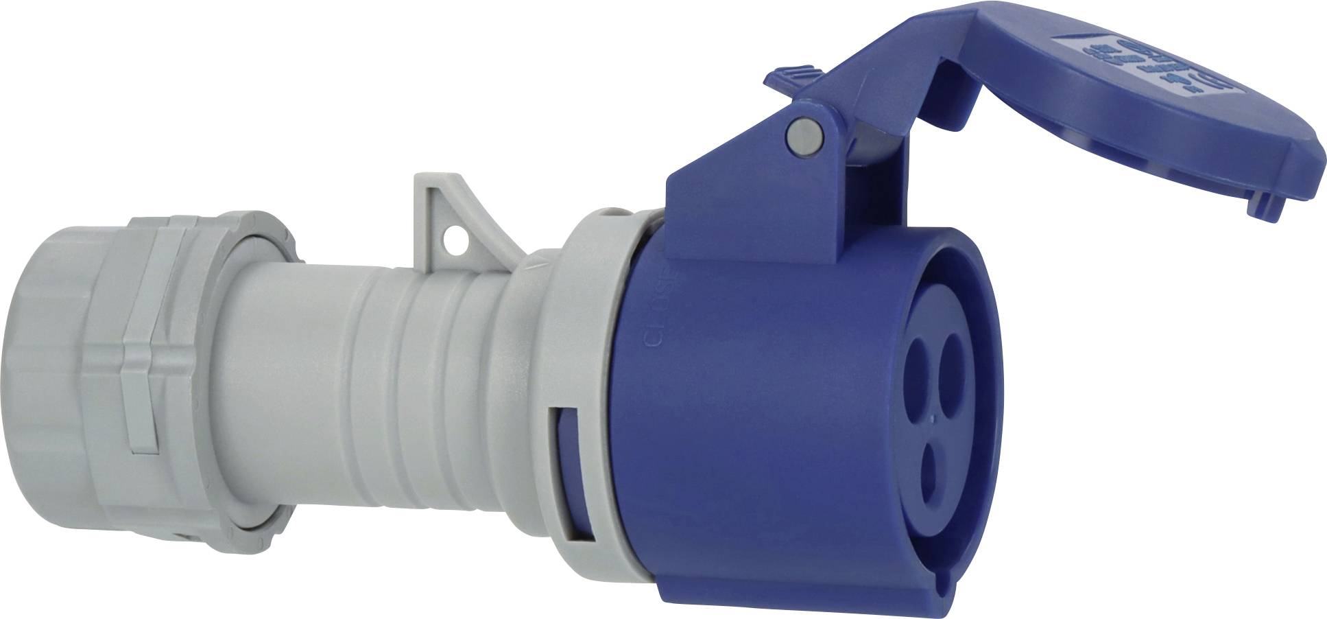 Blauer und grauer industrieller Stromstecker mit Scharnierkappe, auf weißem Hintergrund dargestellt.