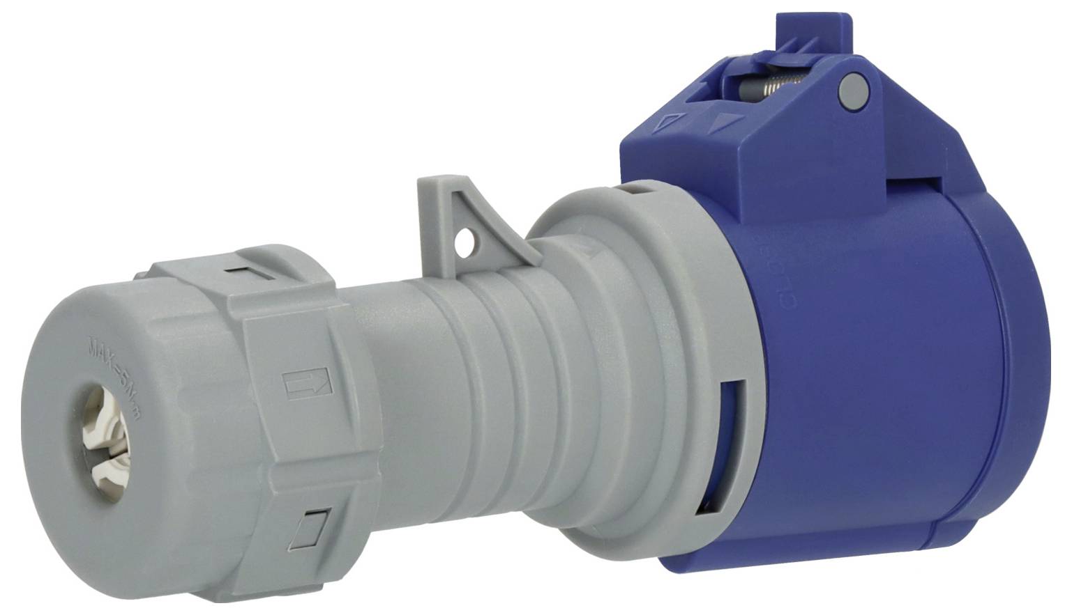 Ein blauer und grauer industrieller Elektrostecker mit Verriegelungsmechanismus, der zum Verbinden von Kabeln in technischen Aufbauten verwendet wird.