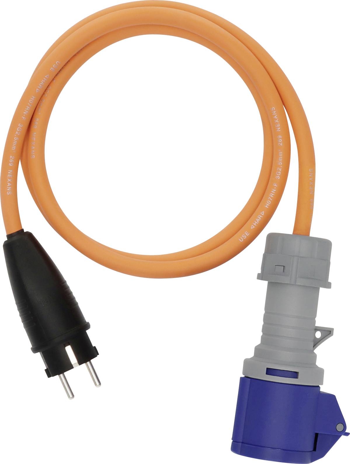 Oranges Verlängerungskabel mit zwei verschiedenen Steckverbindern, einer schwarzen runden und einer blauen, entwickelt für die Stromversorgung in industriellen Umgebungen.