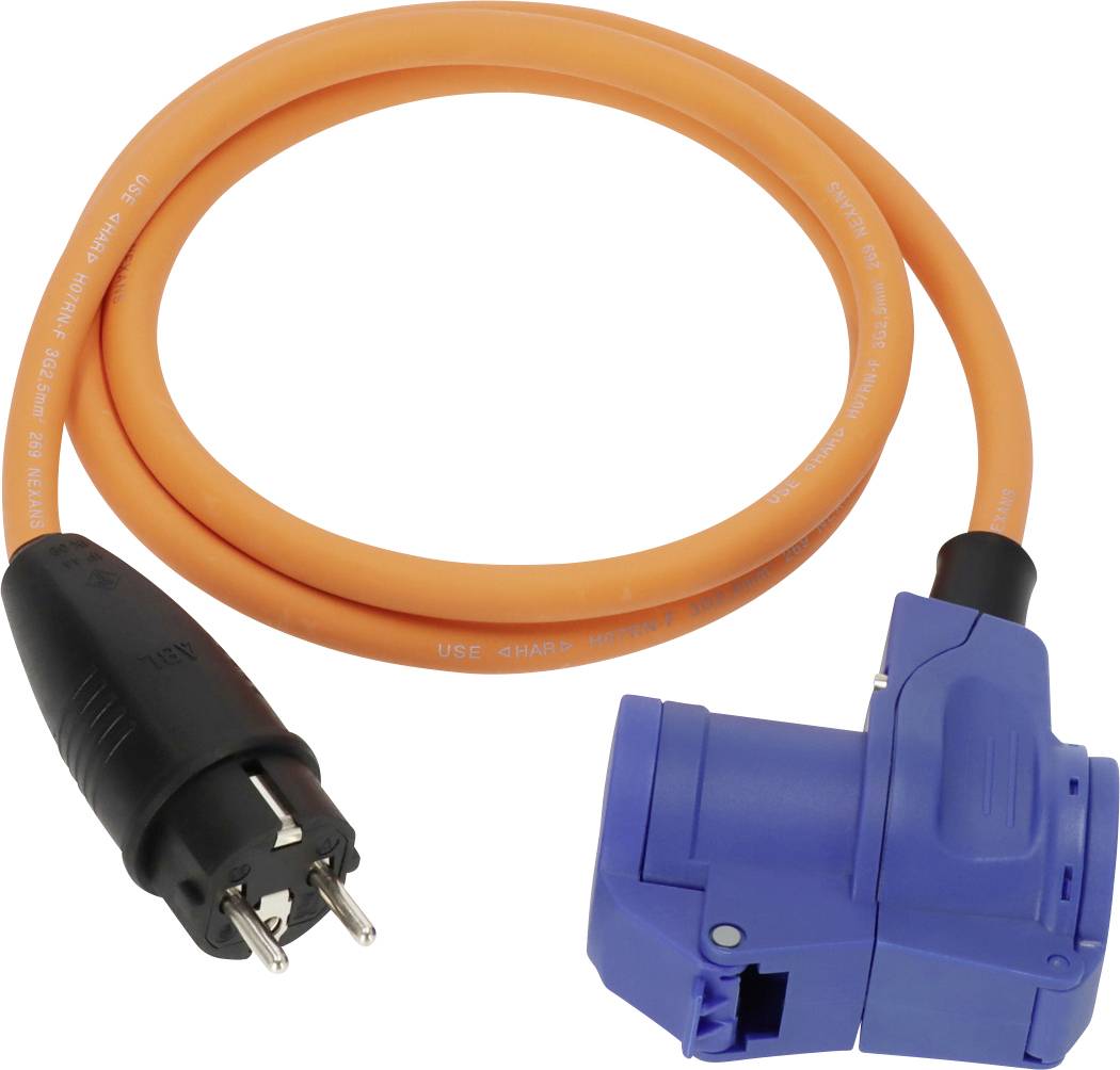 Oranges Stromkabel mit schwarzem Stecker und blauem Anschluss