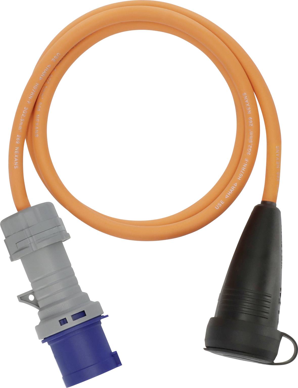 Ein schwarzes Ladekabel mit einem blauen Stecker an einem Ende und einem schwarzen Stecker am anderen Ende, wahrscheinlich für schwere elektrische Geräte geeignet.