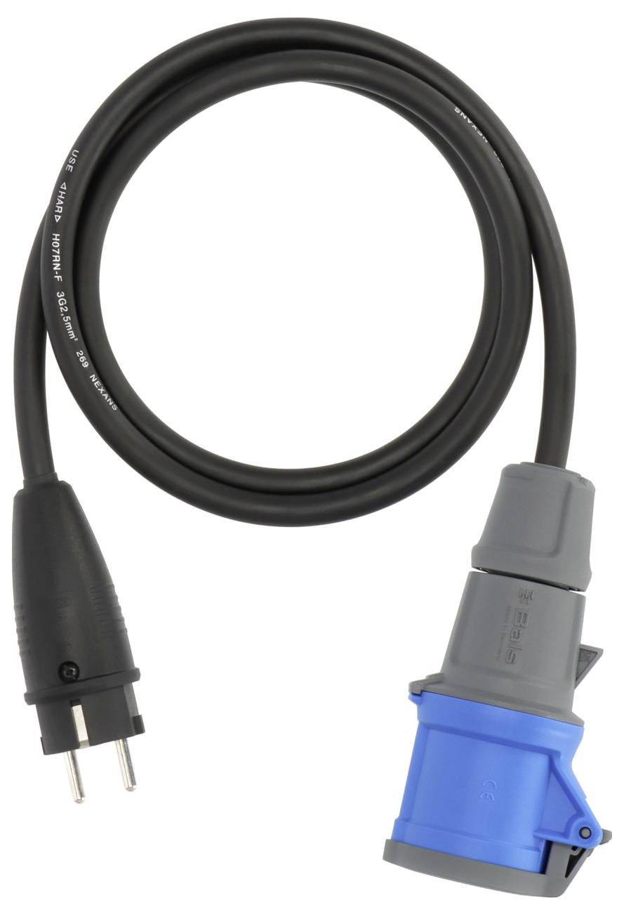 Ein schwarzes Stromkabel mit einem europäischen Stecker an einem Ende und einer blauen Industriesteckdose am anderen Ende, in einer Schleife aufgewickelt.