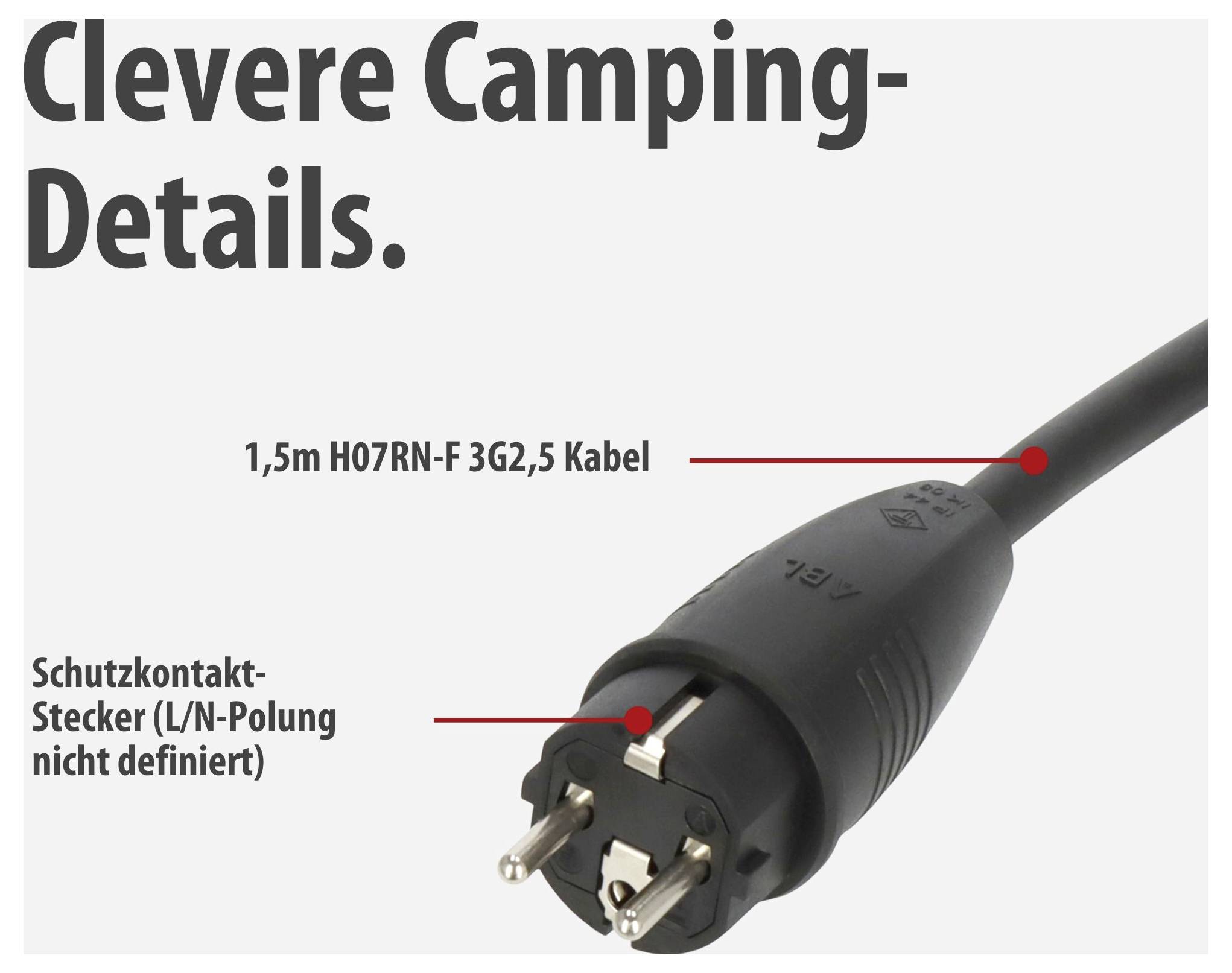 Produktgrafik eines Camping-Stromkabels mit Schuko-Stecker: '1,5m H07RN-F 3G2,5 Kabel' und 'Schutzkontakt-Stecker (L/N-Polung nicht definiert)' sind markiert.