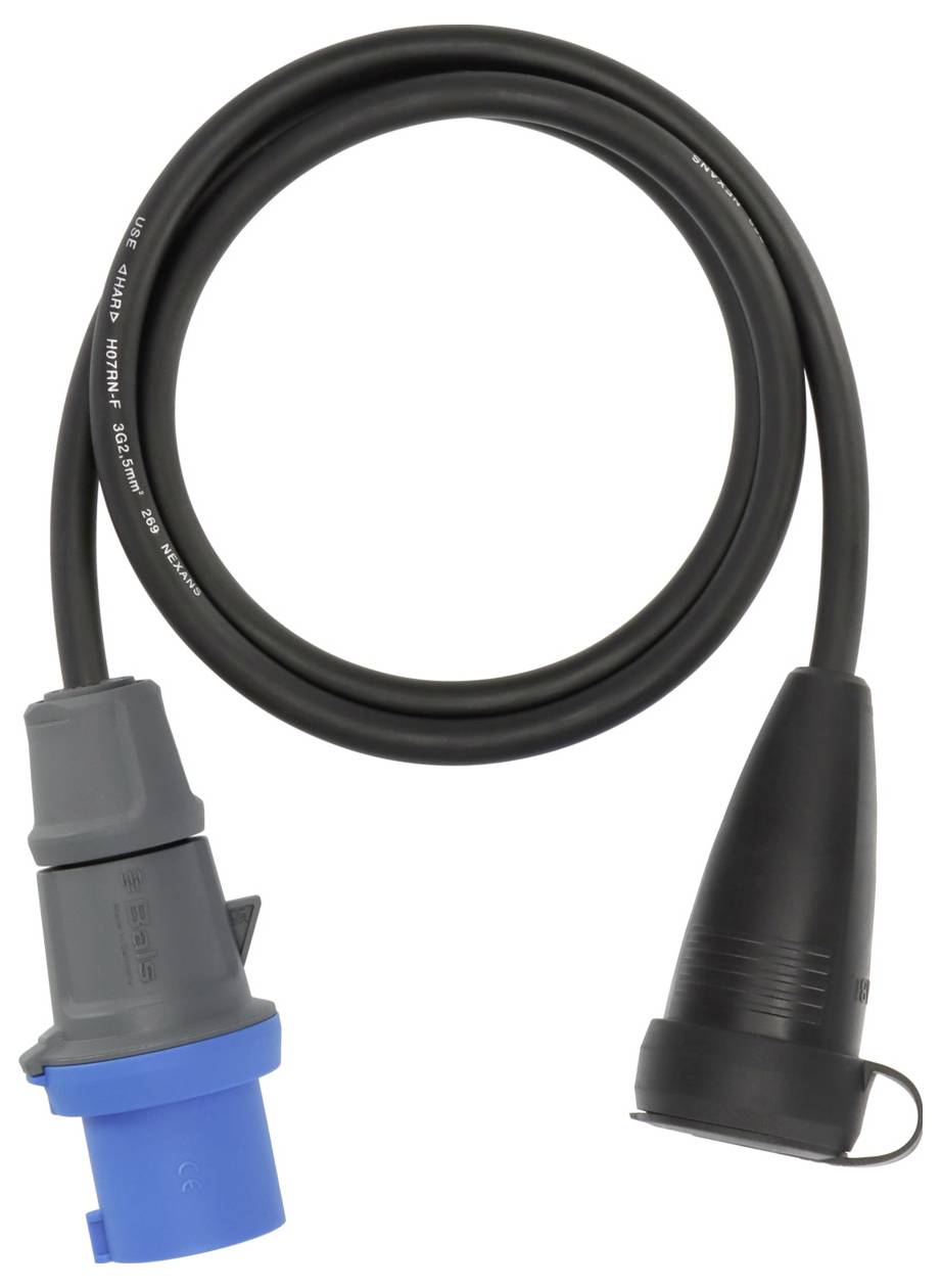 Schwarzes Elektrokabel mit einem grau-blauen Stecker an einem Ende und einem schwarzen Stecker am anderen Ende.