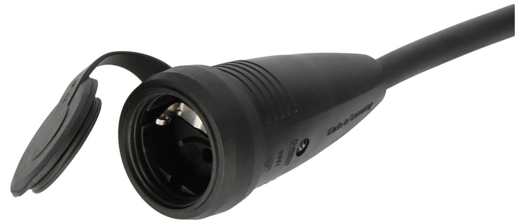 Eine Nahaufnahme eines schwarzen Elektrosteckers mit Schutzkappe, die die inneren Kontakte zeigt, verwendet für industrielle oder Außenverkabelung.