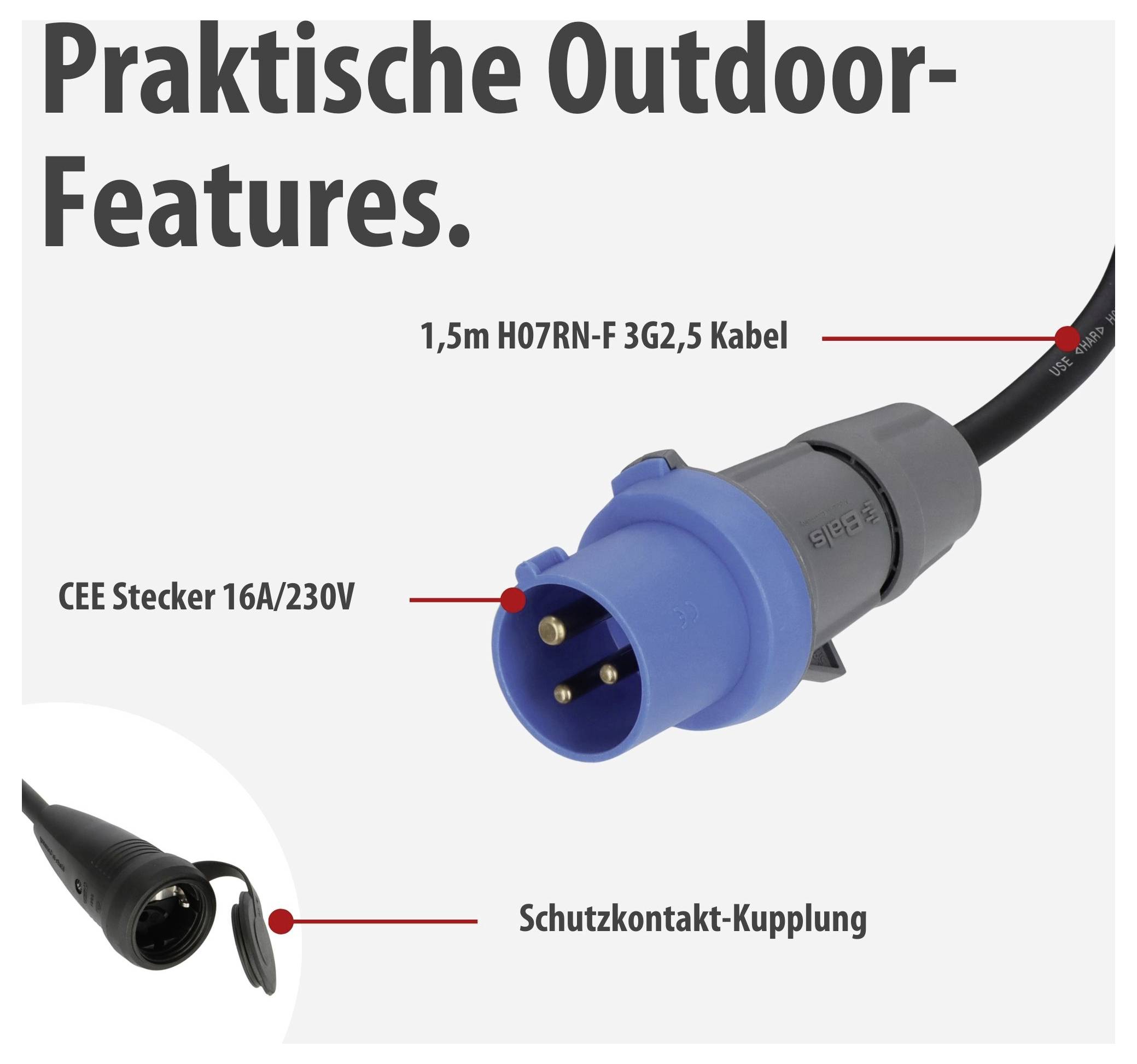 Infografik zu praktischen Outdoor-Features: blauer CEE-Stecker 16A/230V mit 1,5 m H07RN-F 3G2,5 Kabel und Schutzkontakt-Kupplung.