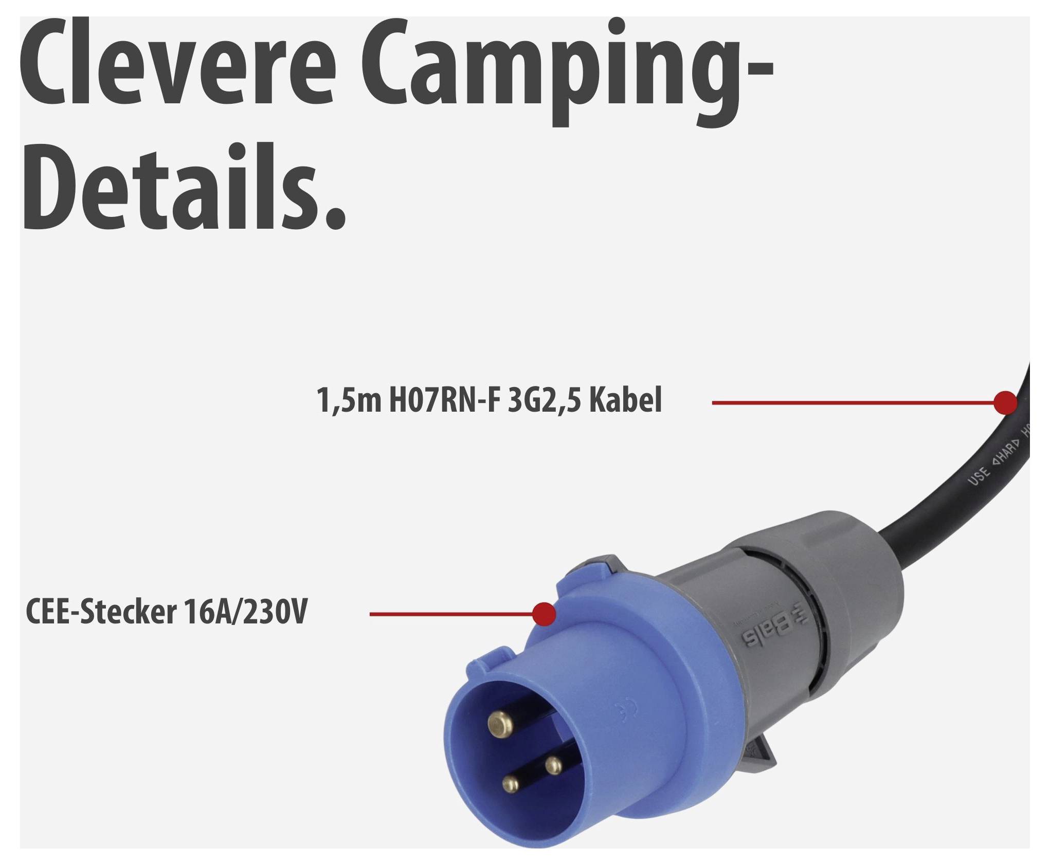 Werbegrafik mit CEE-Stecker 16A/230V und 1,5 m H07RN-F 3G2,5 Kabel; Überschrift 'Clevere Camping-Details.'