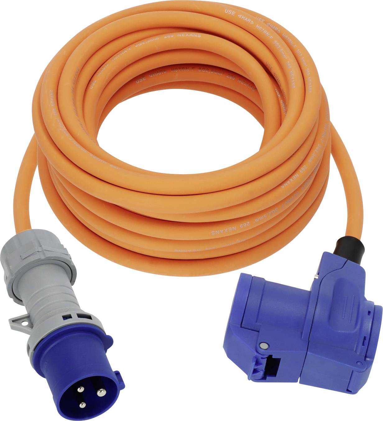 Orange aufgerolltes Stromkabel mit grauen und blauen industriellen Steckverbindern auf weißem Hintergrund.