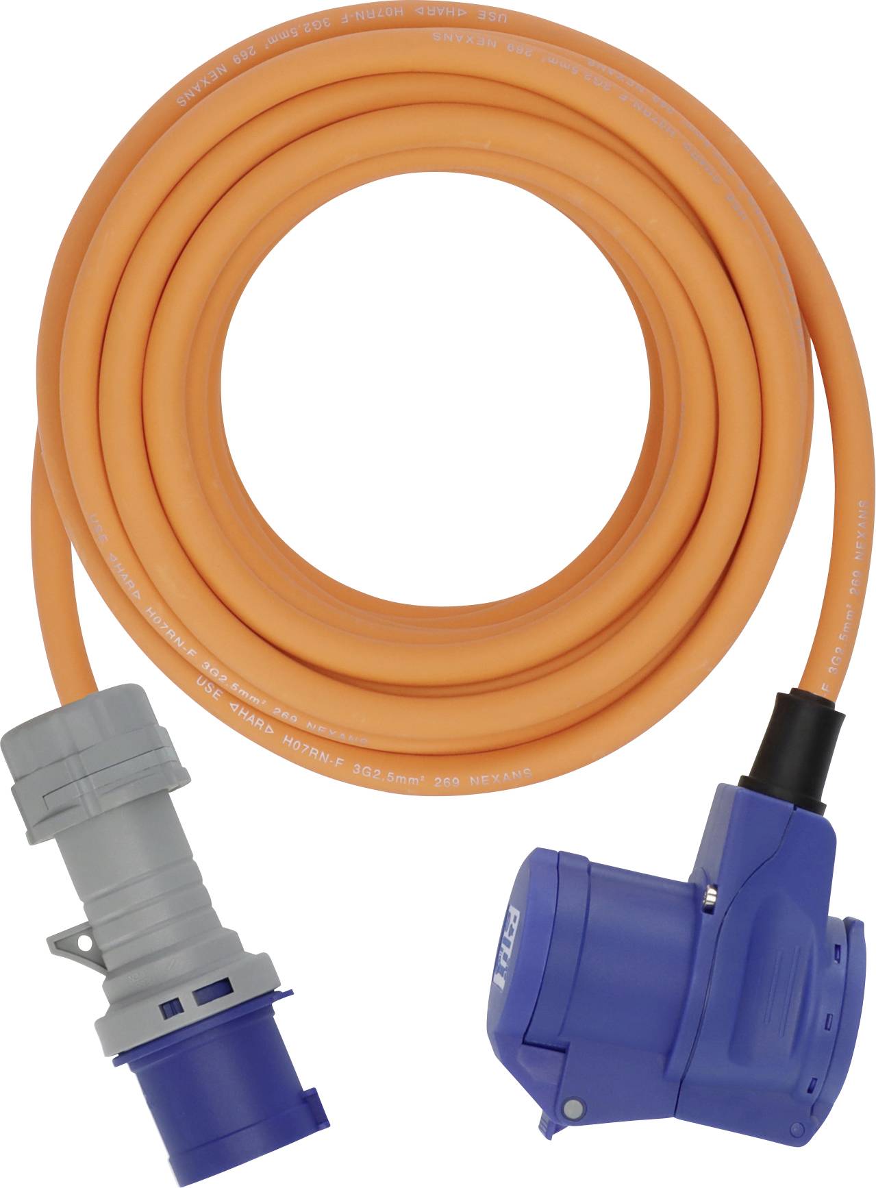 Oranges Verlängerungskabel mit blauen Steckern an beiden Enden. Entwickelt zum Aufladen von Elektrofahrzeugen oder zum Anschluss an Stromquellen.