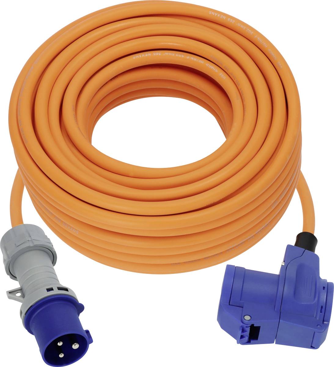 Aufgerolltes orangefarbenes Industrie-Stromkabel mit blauen und grauen Steckern an beiden Enden.