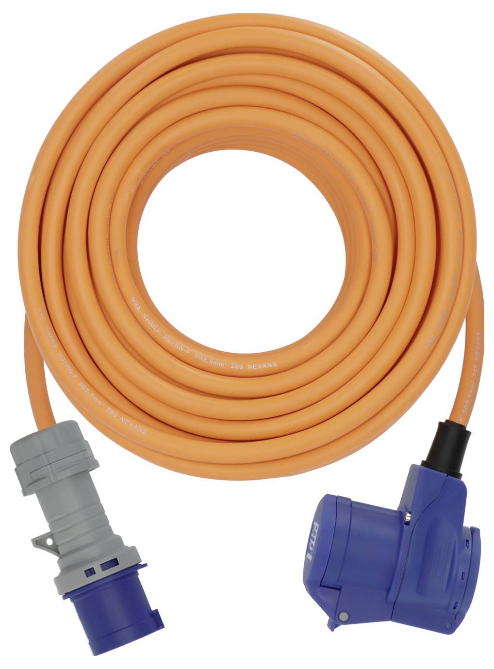 Aufgerolltes orangefarbenes Stromkabel mit grauen und blauen Industriesteckern an den Enden, gezeigt auf weißem Hintergrund.