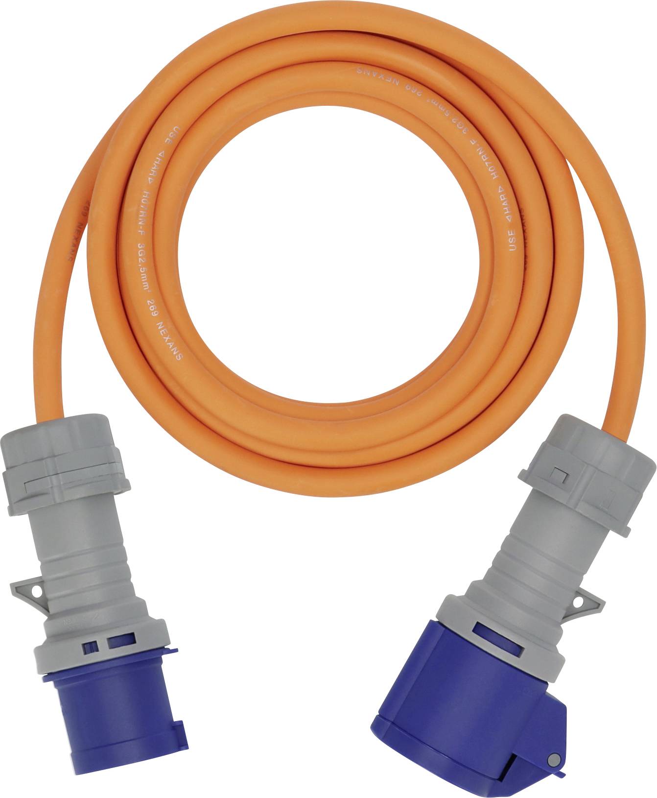Ein orangefarbenes elektrisches Verlängerungskabel mit blauen und grauen Steckern an beiden Enden, spiralförmig aufgewickelt.
