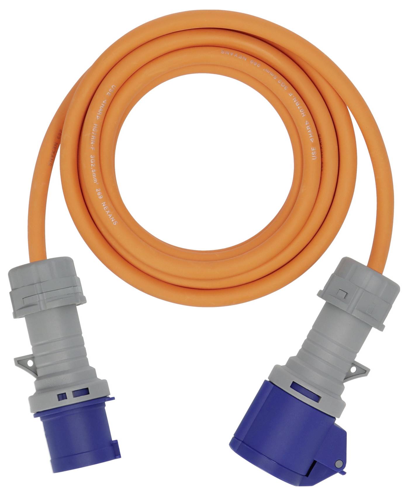 Orange schweres elektrisches Stromkabel mit grauem und blauem Industriestecker auf beiden Seiten, aufgerollt auf weißem Hintergrund dargestellt.