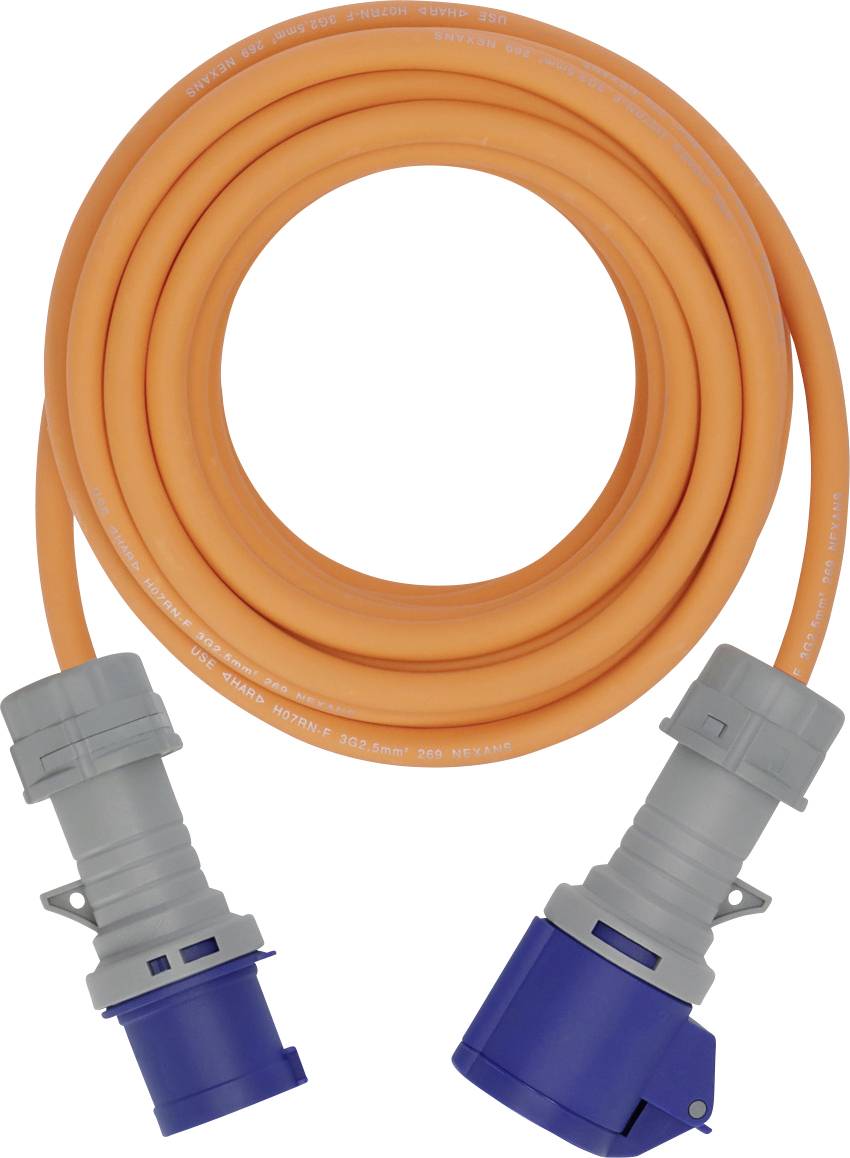 Ein orangefarbenes Verlängerungskabel, aufgerollt mit grauen und blauen Steckern an jedem Ende, geeignet für industrielle oder Außenanwendungen.