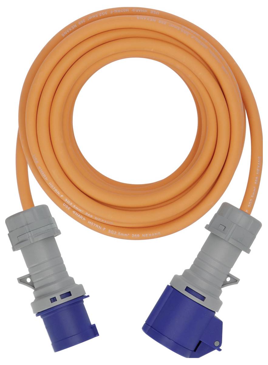 Aufgerolltes orangefarbenes Stromkabel mit zwei grau-blauen Industriesteckern auf weißem Hintergrund.
