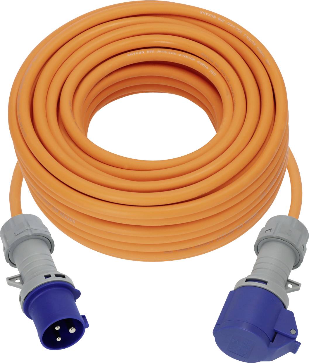Aufgerolltes orangefarbenes Stromkabel mit blauen und grauen Industriesteckern an beiden Enden.