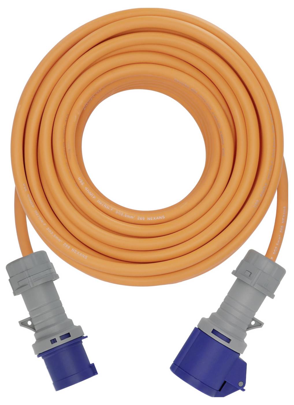 Aufgerolltes orangefarbenes Stromkabel mit grauen und blauen industriellen Steckverbindern an beiden Enden, dargestellt auf weißem Hintergrund.